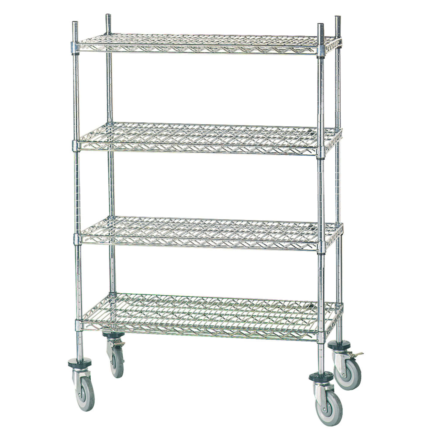 Advance Tabco MC-1860R 60 NSF 4-Tier Heavy-Duty Chrome Wire Shelving Unit - Mobile, 18W, 64H, Chrome Plated, Rubber Swivel Casters, Silver