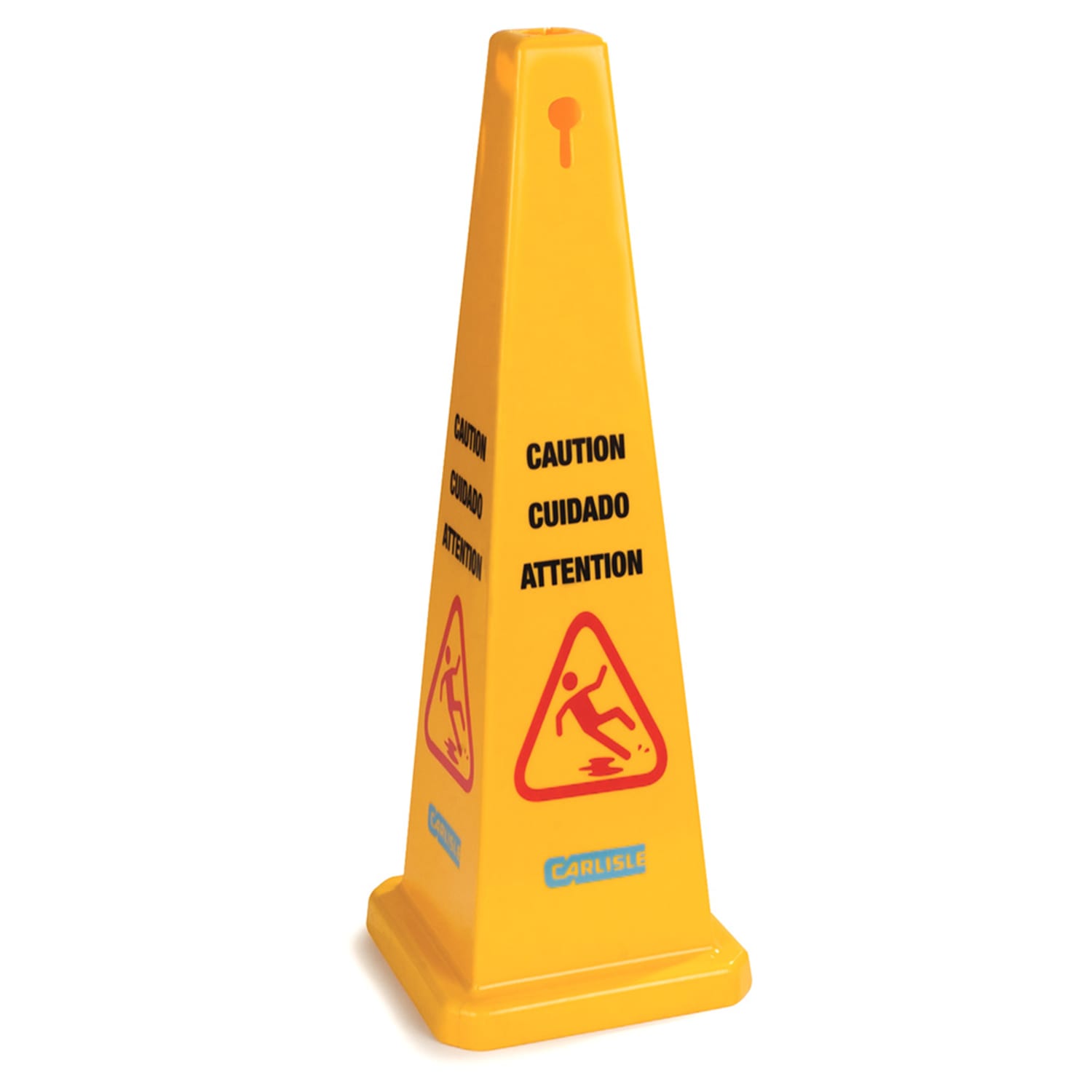Carlisle 3694104 Caution Cone Floor Sign - 12 1/2x36 Triangular, Polypropylene, Yellow, 36"" Tall, English, French, and Spanish