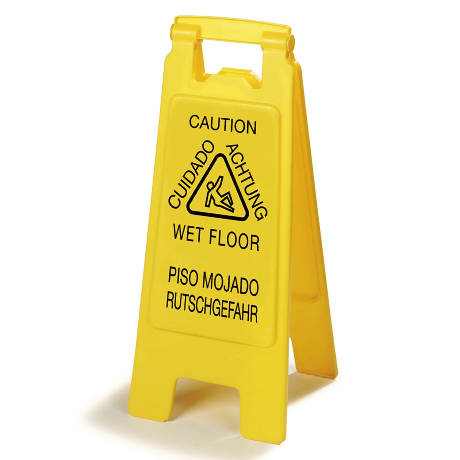 Carlisle 3690904 Wet Floor Safety Sign - 11x25 2 Sided, Multi-Lingual, Polypropylene, Yellow, English, Spanish, and German