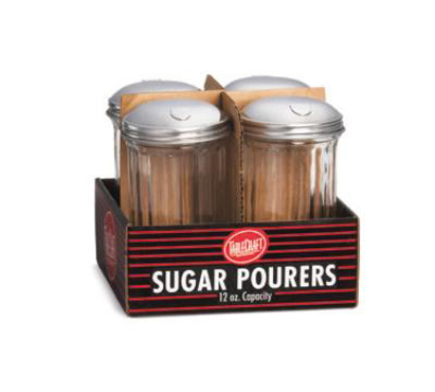 Tablecraft C57S-4 Sugar Pourer, 12 oz, Fluted Glass, SS Top, Stainless Steel, Case of 16