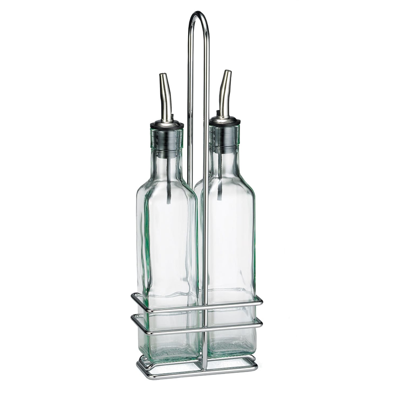 Tablecraft H9085N 8 1/2 oz Cruet Set w/ Chrome Rack & Stainless Steel Pourers - Glass, Green Tint