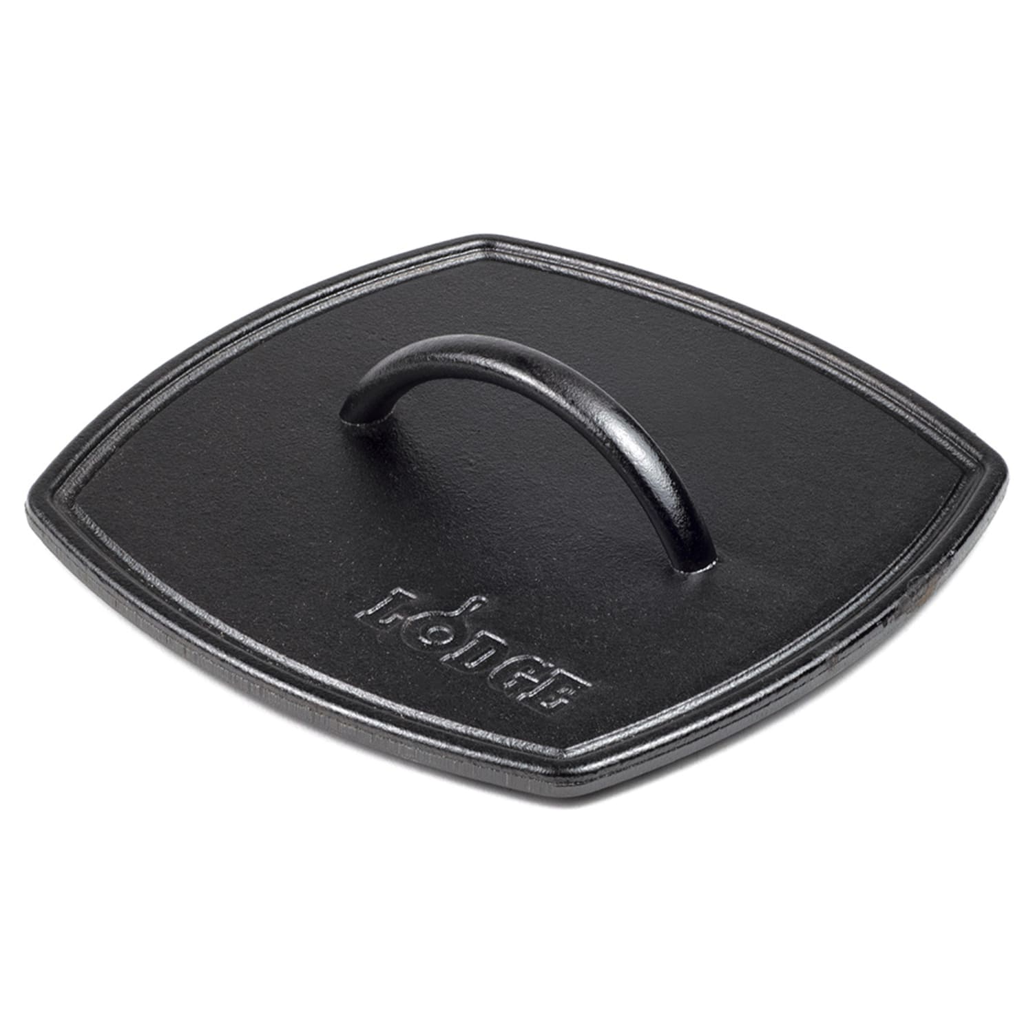 Lodge LPP3 8 5/16 Ribbed Cast Iron Grill Press - Black Cast Iron Handle