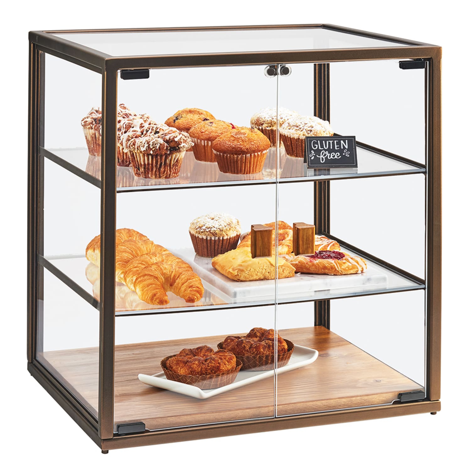 Cal-Mil 3610 3 Tier Pastry Display Case w/ Hinged Doors - Antique Metal Frame, Acrylic