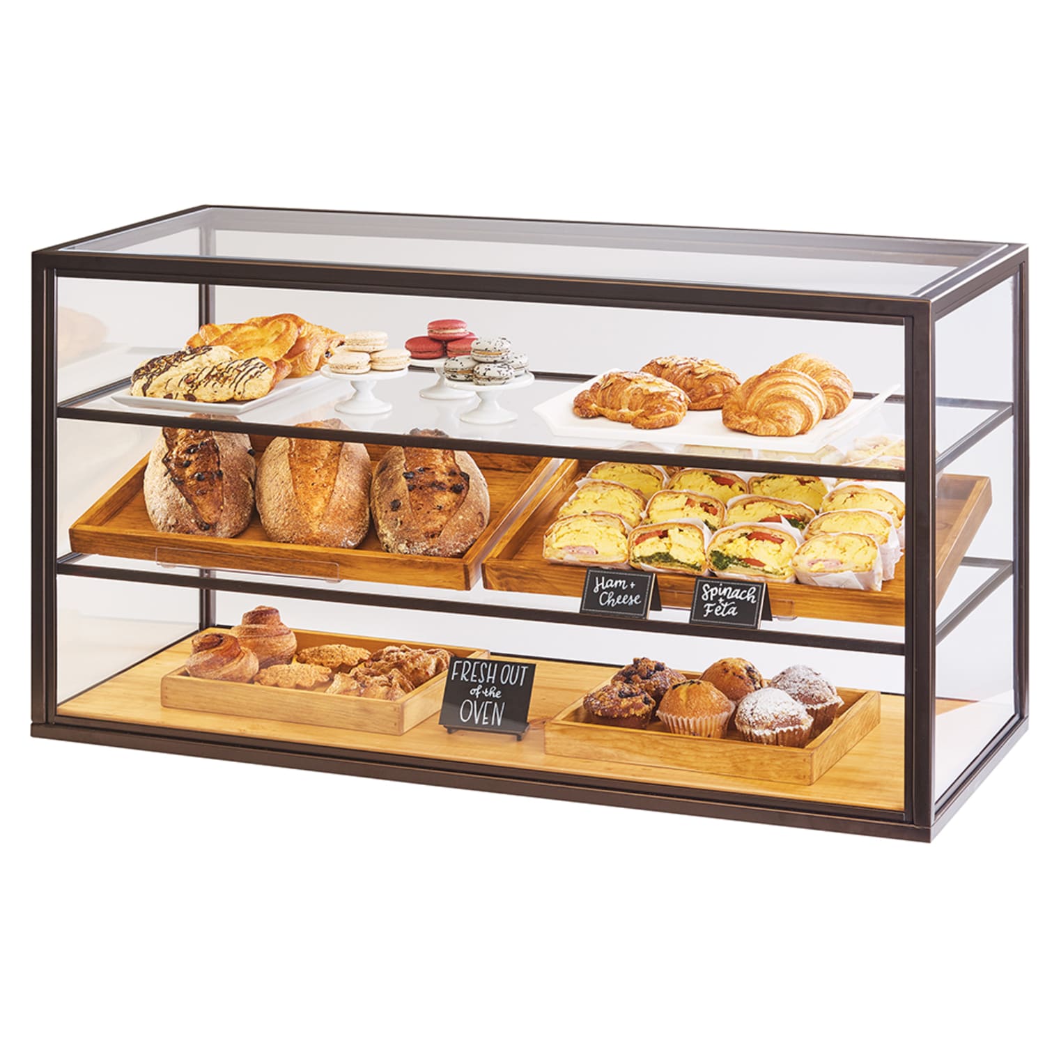 Cal-Mil 3695-84 3 Tier Full-Service Pastry Display Case w/ Sliding Doors - Bronze Frame, Acrylic, Bronze Metal Frame, Non-Refrigerated
