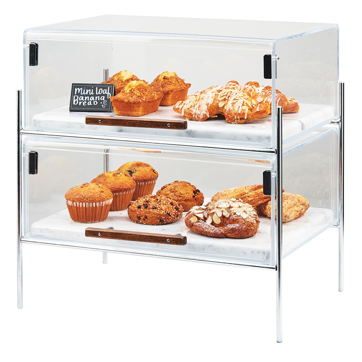 Cal-Mil 3706-1813-49 2 Tier Pastry Display w/ Hinged Doors - Chrome Frame, Acrylic