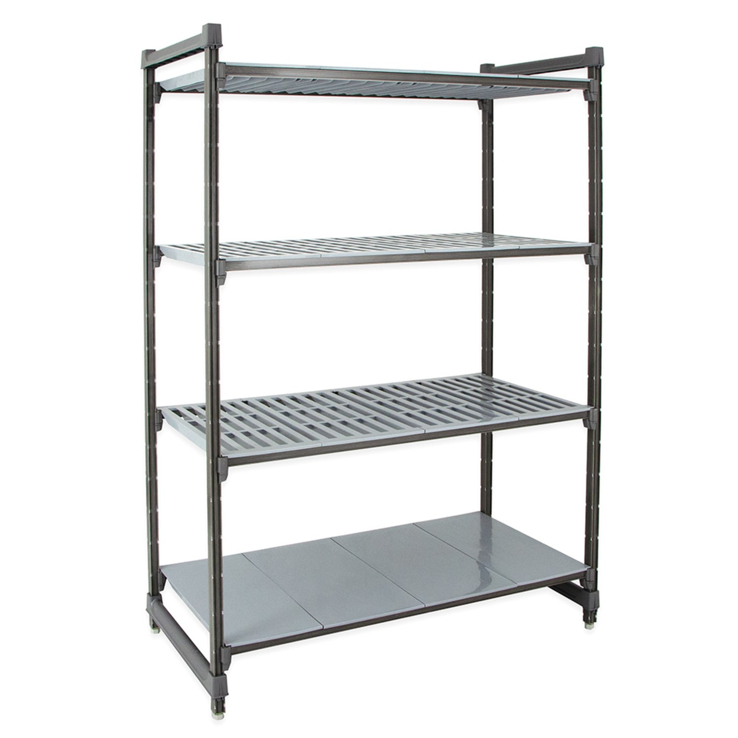 Cambro CBU243072VS4580 30 NSF 4-Tier Heavy-Duty Plastic Shelving Unit - Camshelving Basics Plus, 24W, 72H, 4 Vented/Solid Tiers, 30"" x 24"" x 72"", Gray