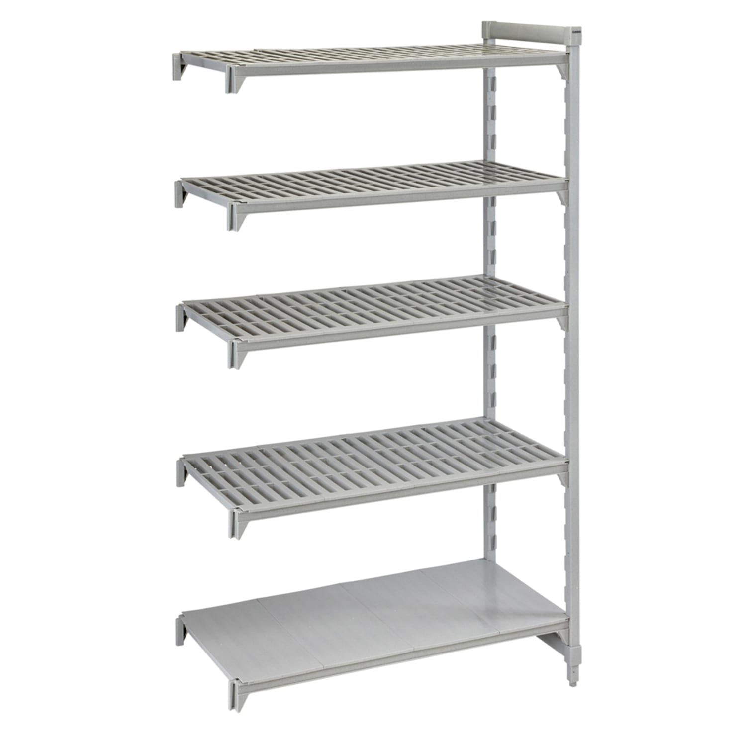 Cambro CPA217284VS5PKG 72 NSF 5-Tier Heavy-Duty Plastic Shelving Unit - Camshelving Premium, 21W, 84H, 4 Vented Shelves, 1 Solid Shelf, Gray