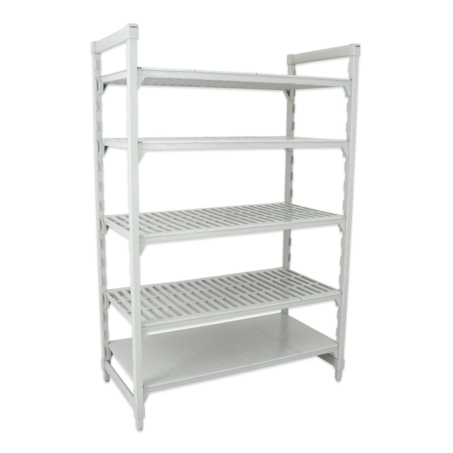 Cambro CPU214884VS5PKG 48 NSF 5-Tier Heavy-Duty Plastic Shelving Unit - Camshelving Premium, 21W, 84H, 5 Tier, 4 Vented/1 Solid, Gray