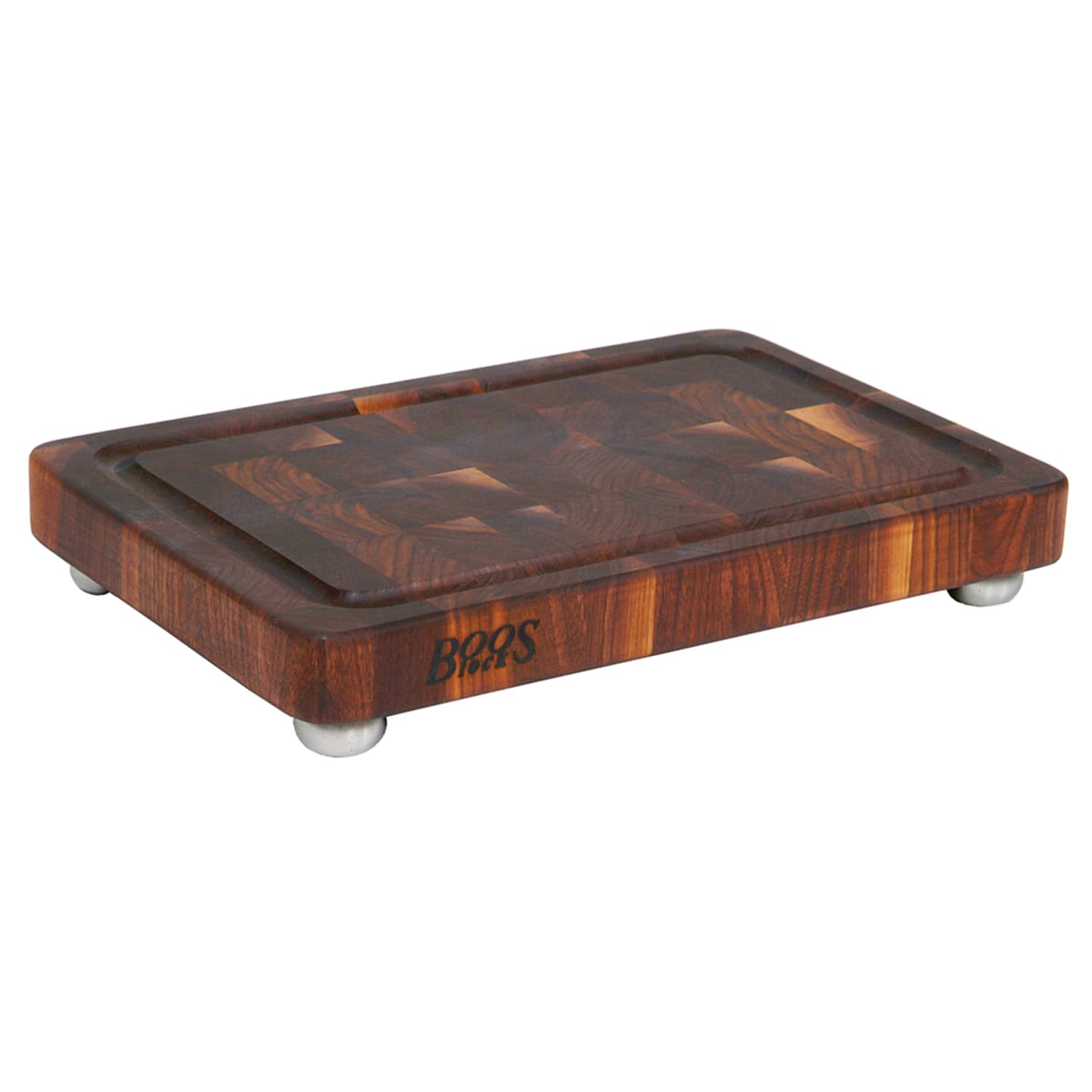 John Boos WAL-1812175-SSF Cutting Board, Walnut, Juice Groove, Stainless Bun Feet, 18 x 12 x 1 3/4 Thick, Brown
