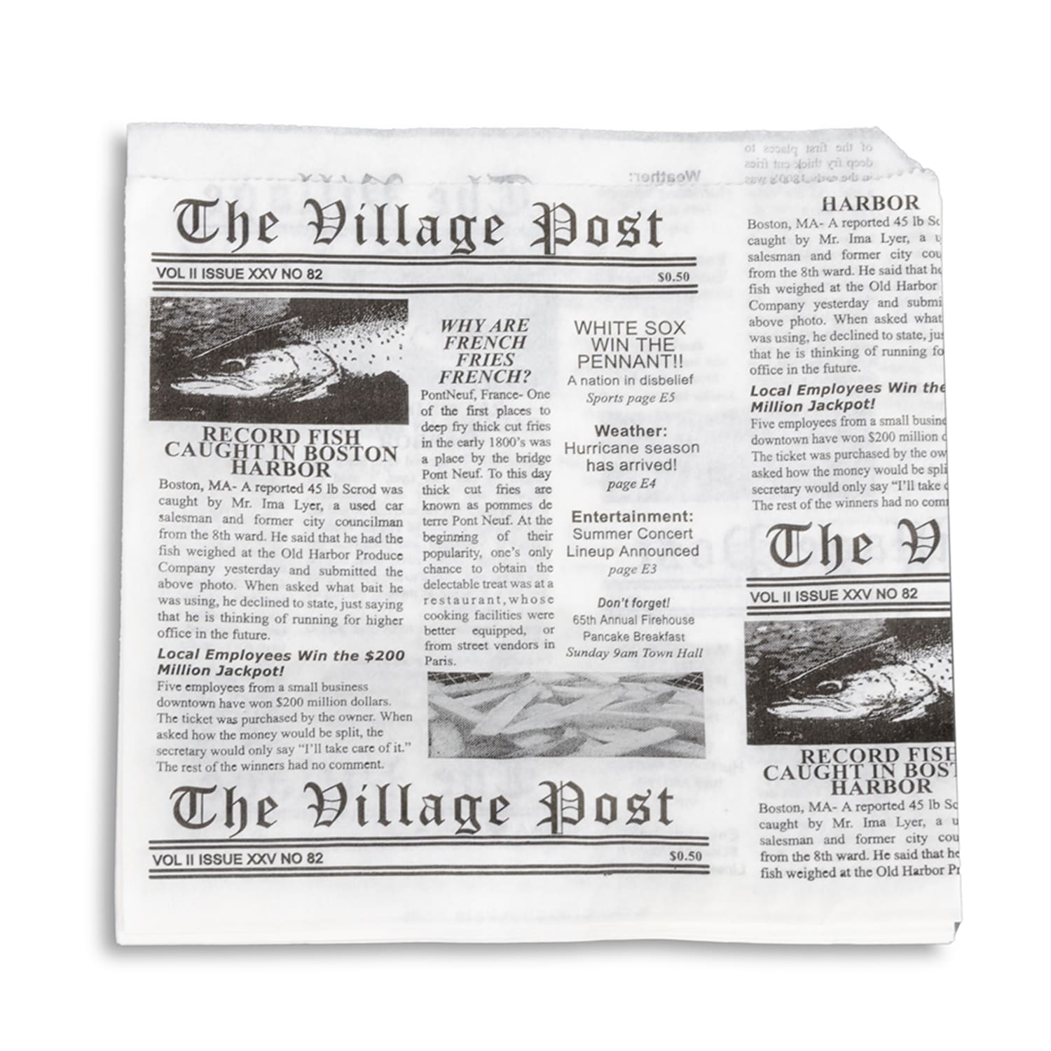 GET 4-T3000 7 Square Basket Liner Paper Bags - Village Post Newsprint, White, Double-Open, Case of 2000