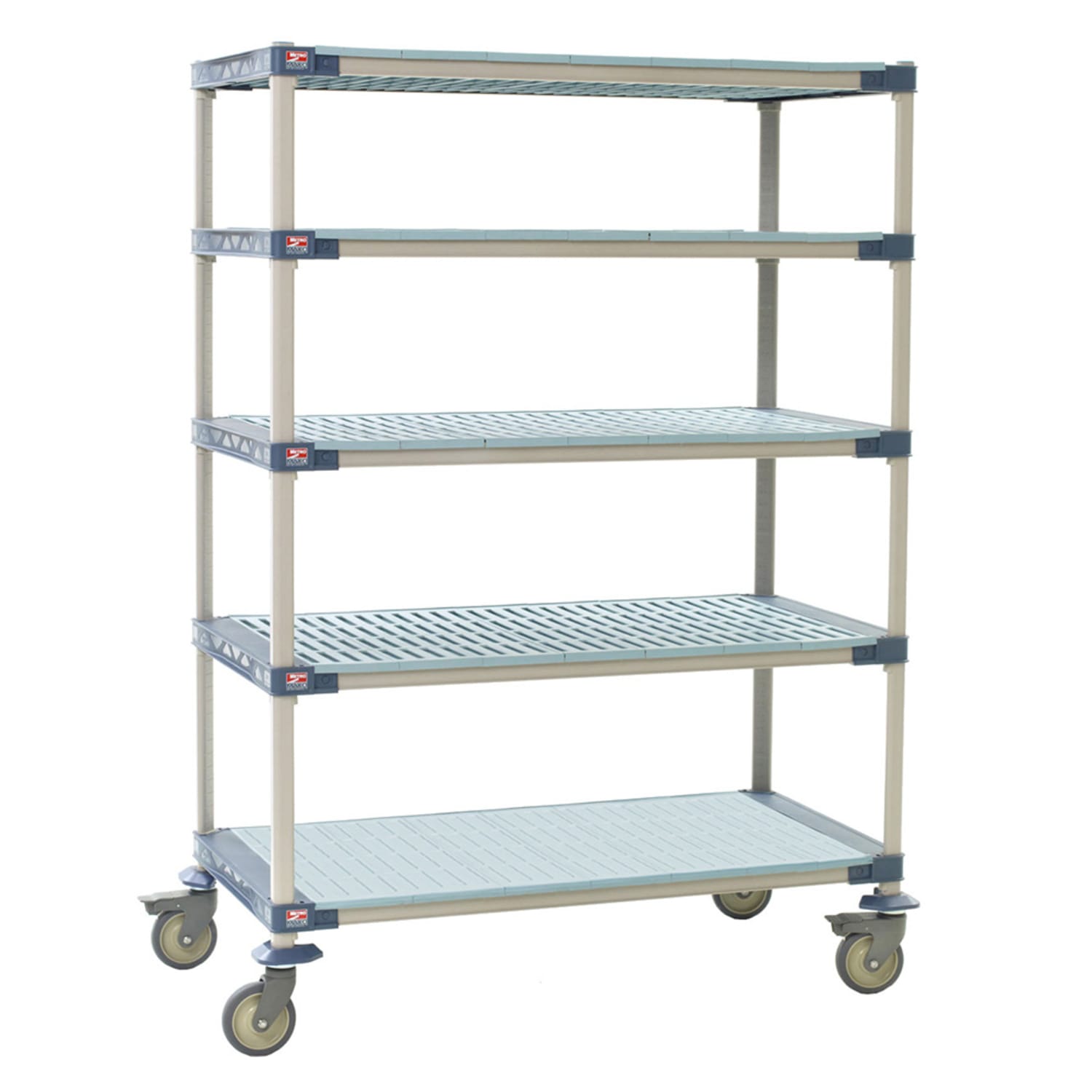 Metro 5X567PG4 60 NSF 5-Tier Heavy-Duty Plastic Shelving Unit - MetroMax 4, Mobile, 24W, 80H, 5 Tiers, Solid Bottom Shelf, Blue
