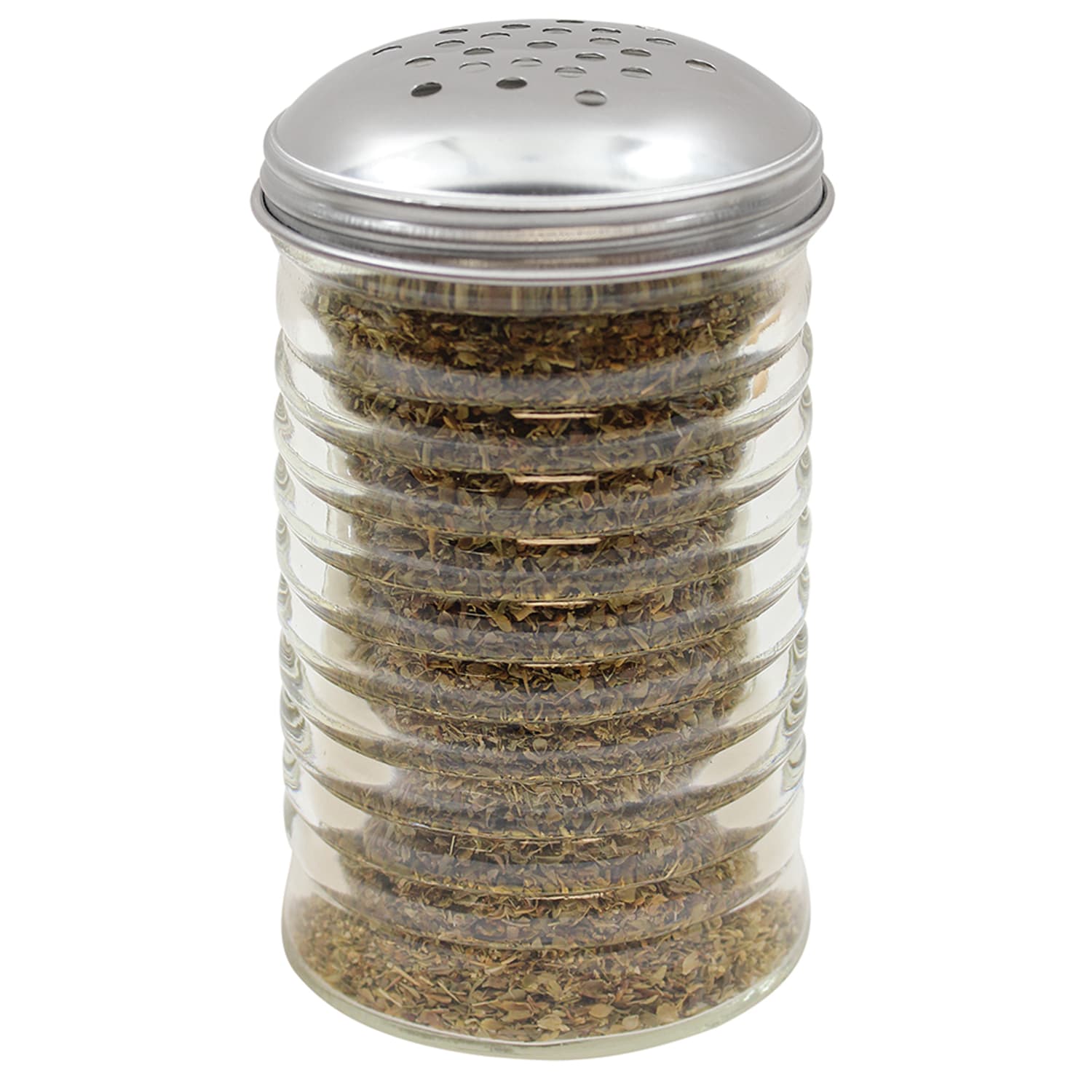 Tablecraft BH8800 12 oz Glass Cheese Shaker w/ Stainless Steel Top, Perforated, Clear
