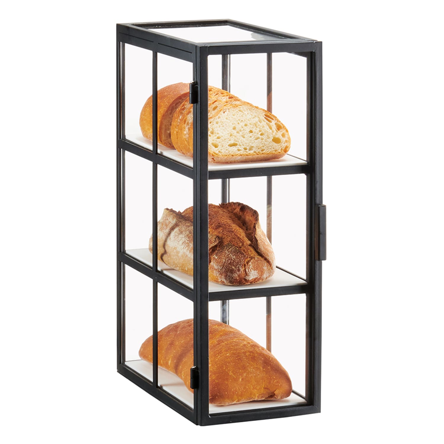 Cal-Mil 22030-13 3 Tier Bread Display Case w/ Swing Door - 13 3/4W x 7W x 20 1/2H, Acrylic/Steel, Black
