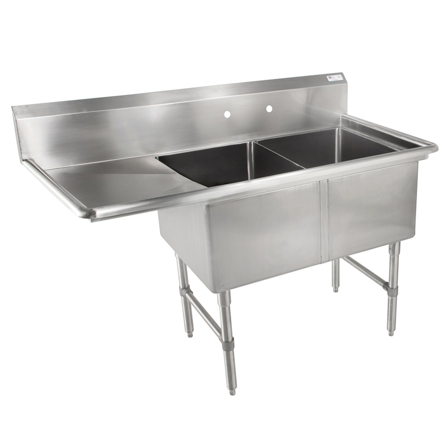 John Boos 2B244-1D24L 76 2 Compartment Sink w/ 24L x 24W Bowl, 14 Deep, (1) 24"" Left Drainboard, 10"" Backsplash, Stainless Steel