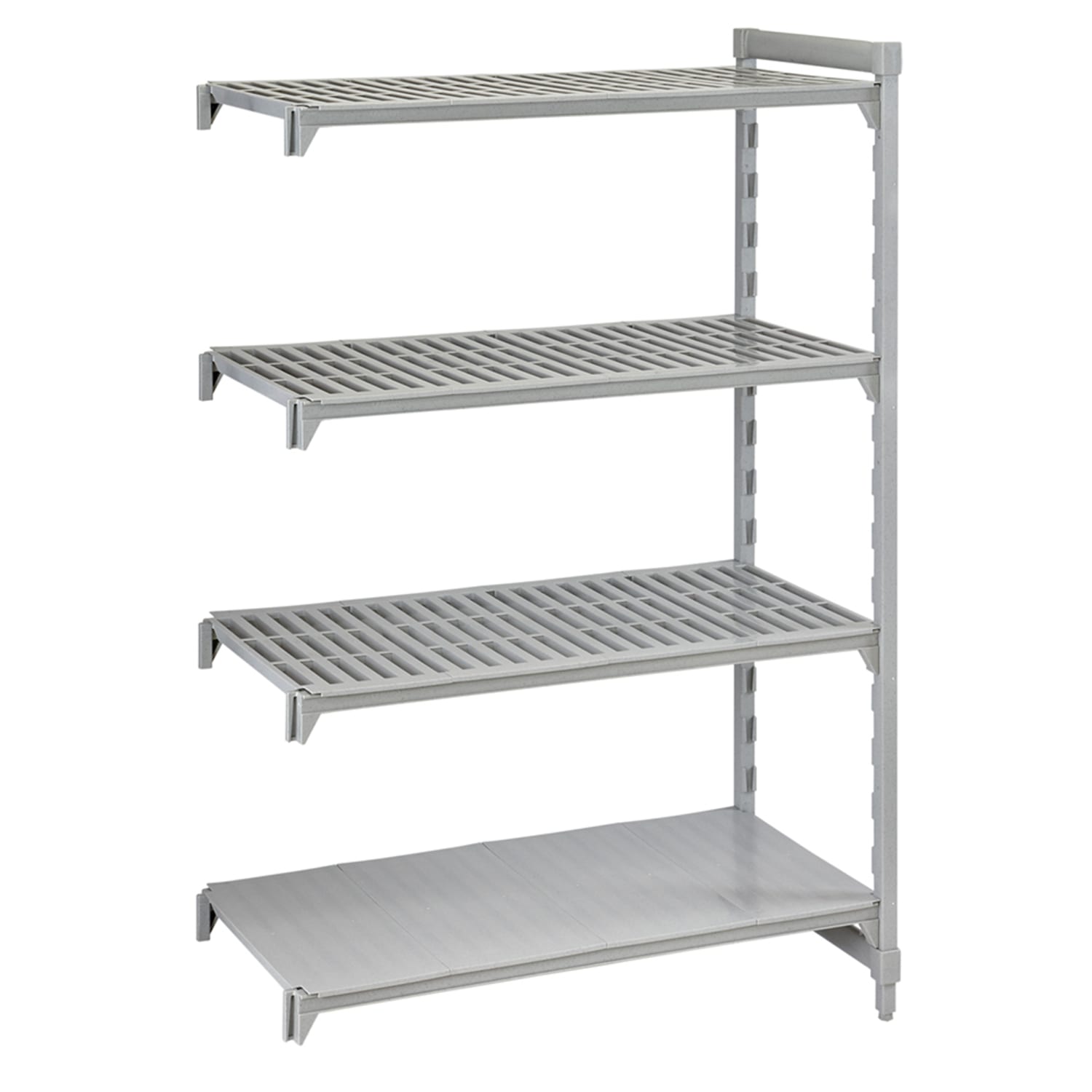 Cambro CPA184284VS4PKG 42 NSF 4-Tier Heavy-Duty Plastic Shelving Unit - Camshelving Premium, 18W, 84H, 1 Solid, 3 Vented Shelves, Antimicrobial Protection, Gray