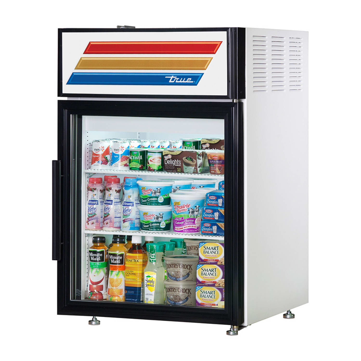 True GDM-05-HC~FGD01 WHT 24 Countertop Display Refrigerator w/ Front Access - Swing Door, White, Right Hinge, 115v, Illuminated Sign Panel