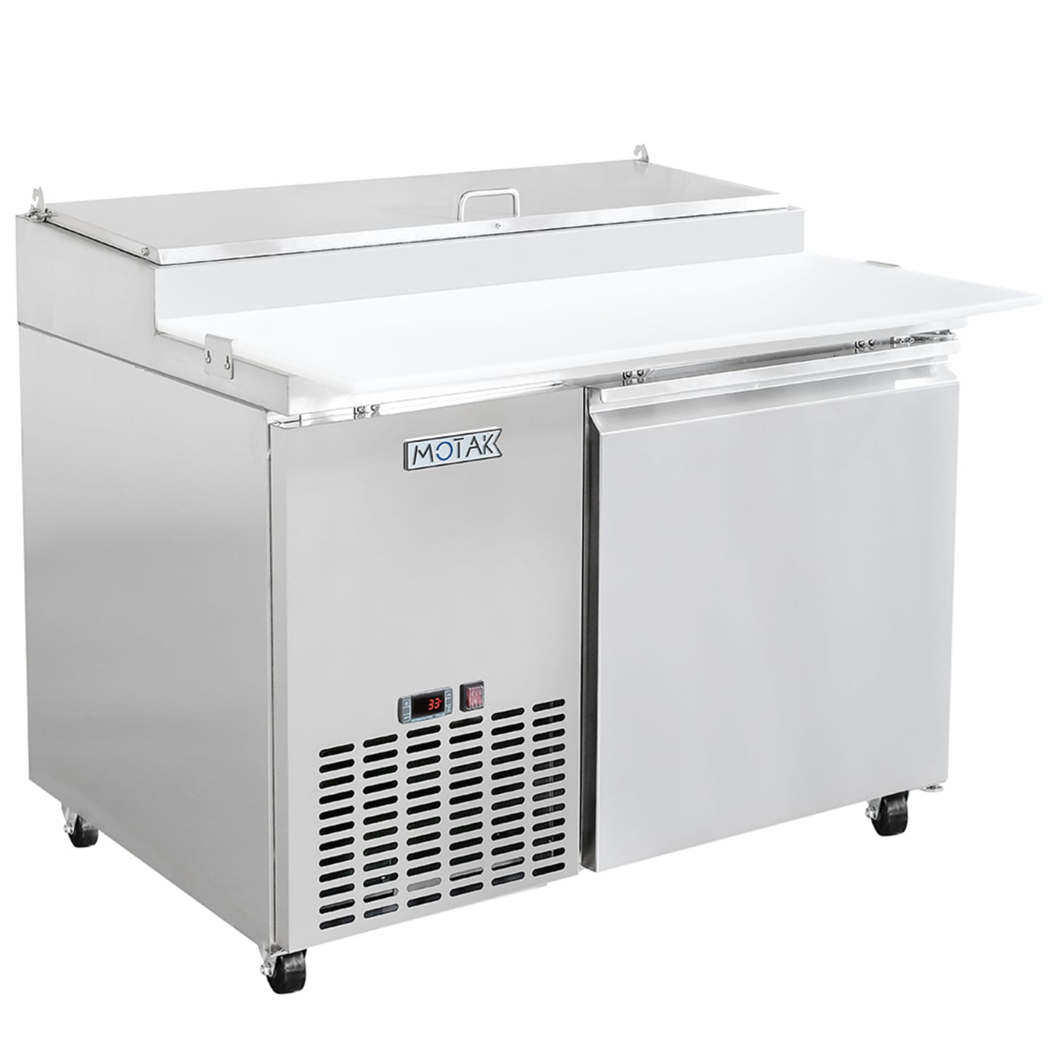 MoTak MPR-44-X 44 1/2 Pizza Prep Table w/ Refrigerated Base, 115v, 6 Third-Size Pans, PVC-Coated Shelf, Stainless Steel