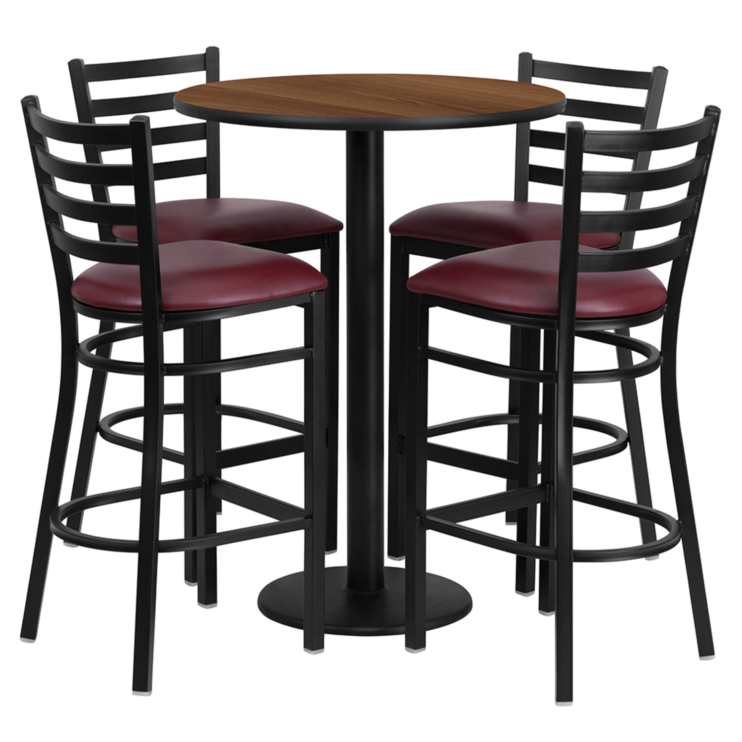 Flash Furniture RSRB1028-GG 30 Round Bar Height Table w/ 4 Bar Stool Set - Walnut Laminate Top, Steel Base, Black