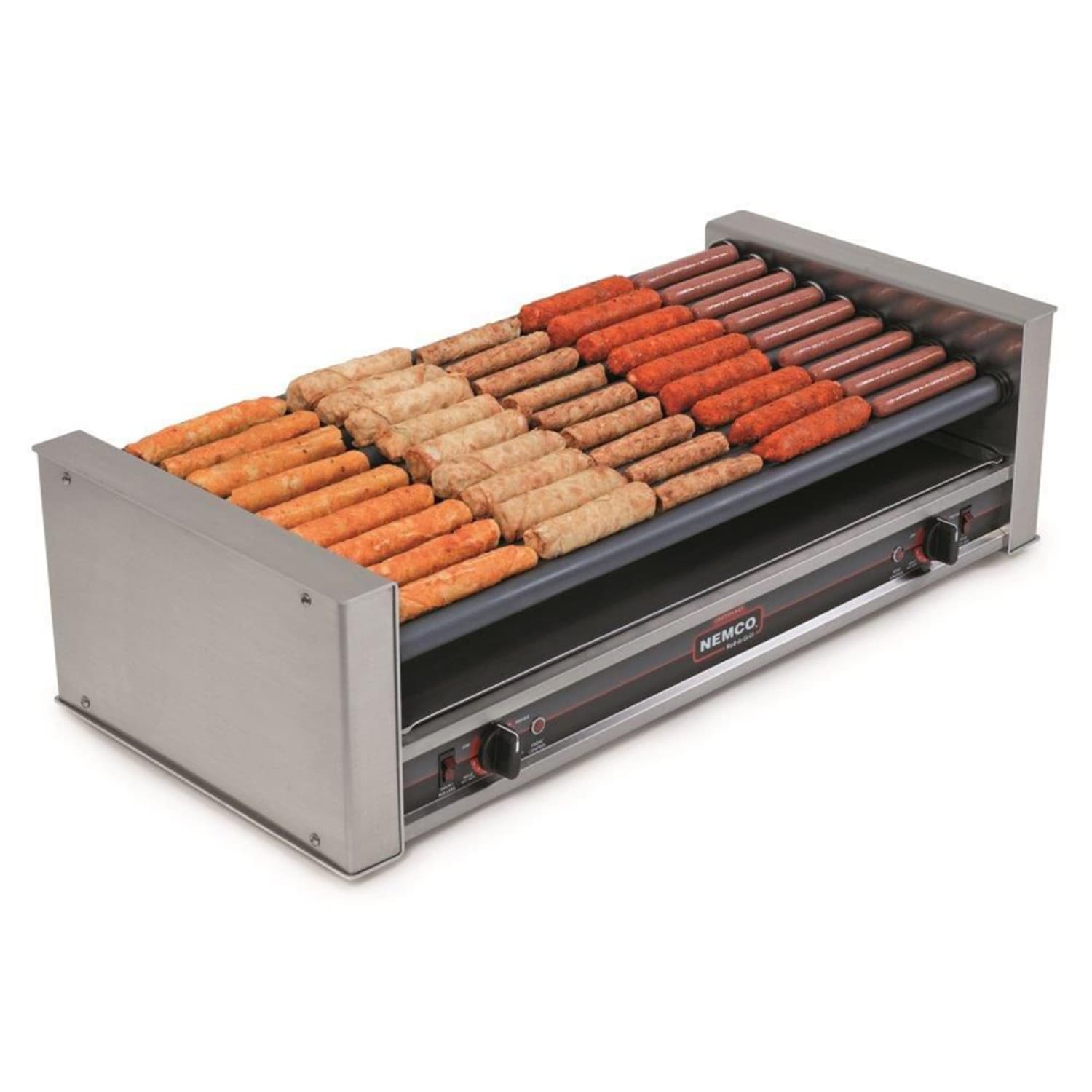 Nemco 8027-SLT-220 27 Hot Dog Roller Grill w/ Manual Controls - Slanted Top, 220v, Stainless Steel