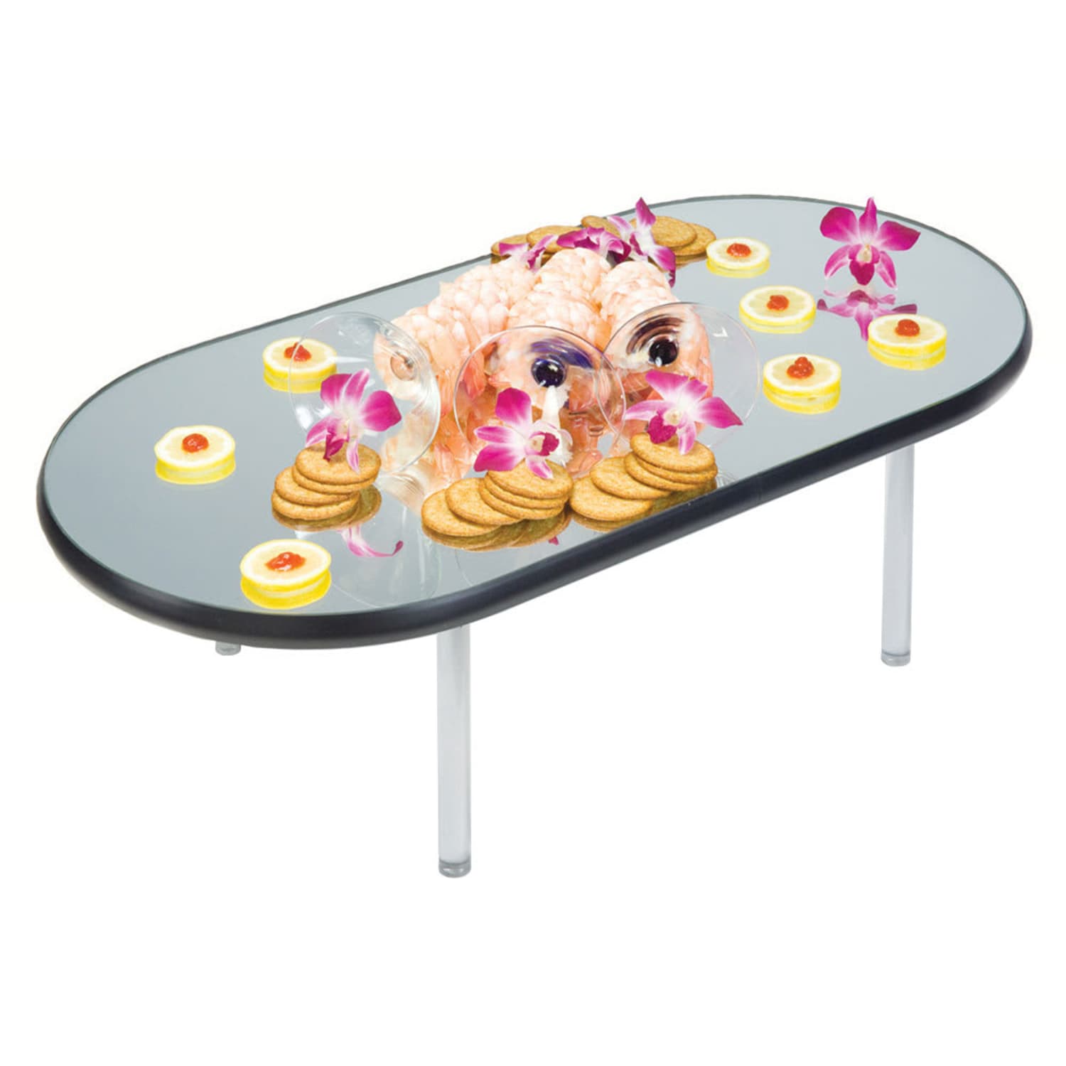 Geneva 2264 Oval Rimless Mirror Tray w/ Clear Acrylic Legs, 16 x 32, Silver