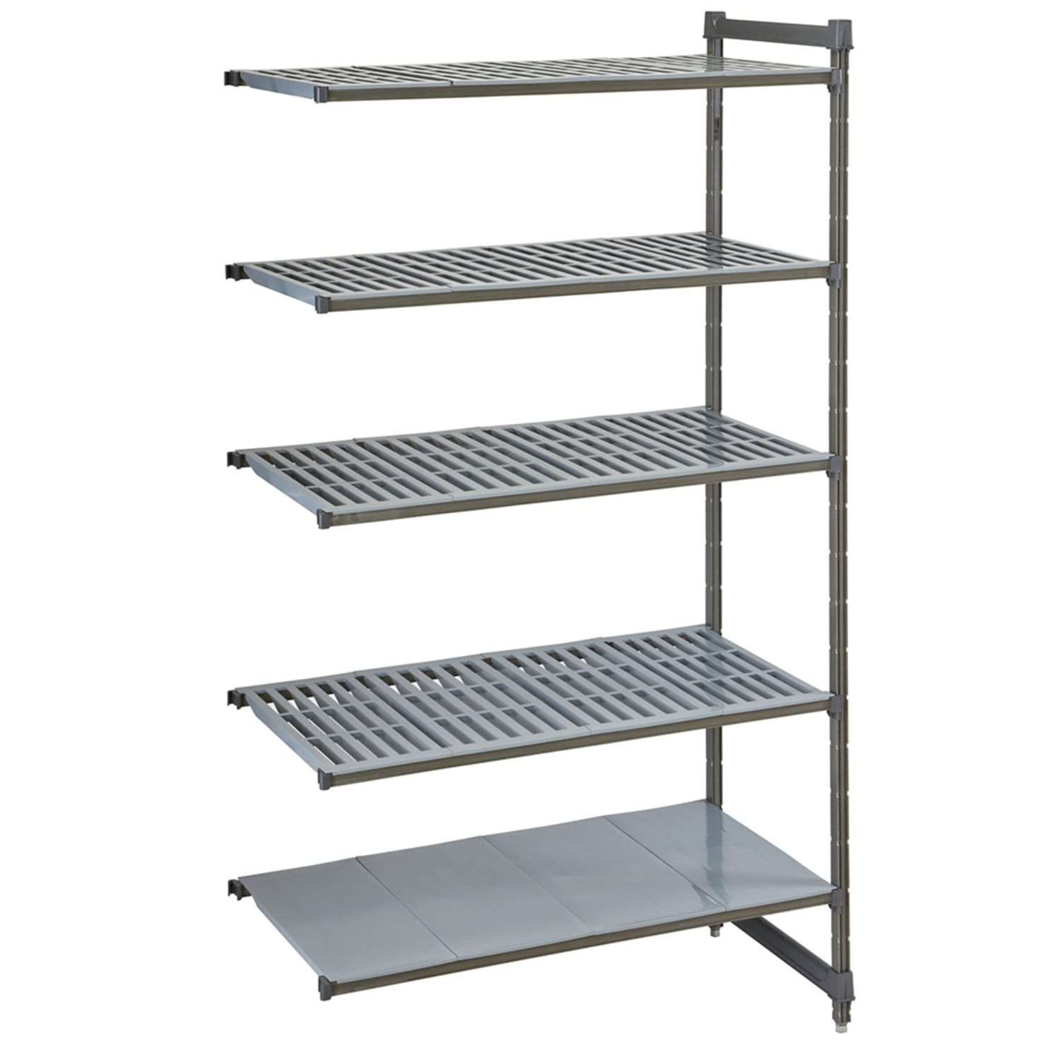 Cambro CBA184284VS5580 42 NSF 5-Tier Heavy-Duty Plastic Shelving Unit - Camshelving Basics Plus, 18W, 84H, 1 Solid, 4 Vented Shelves, 42"" x 18"" x 84"", Gray