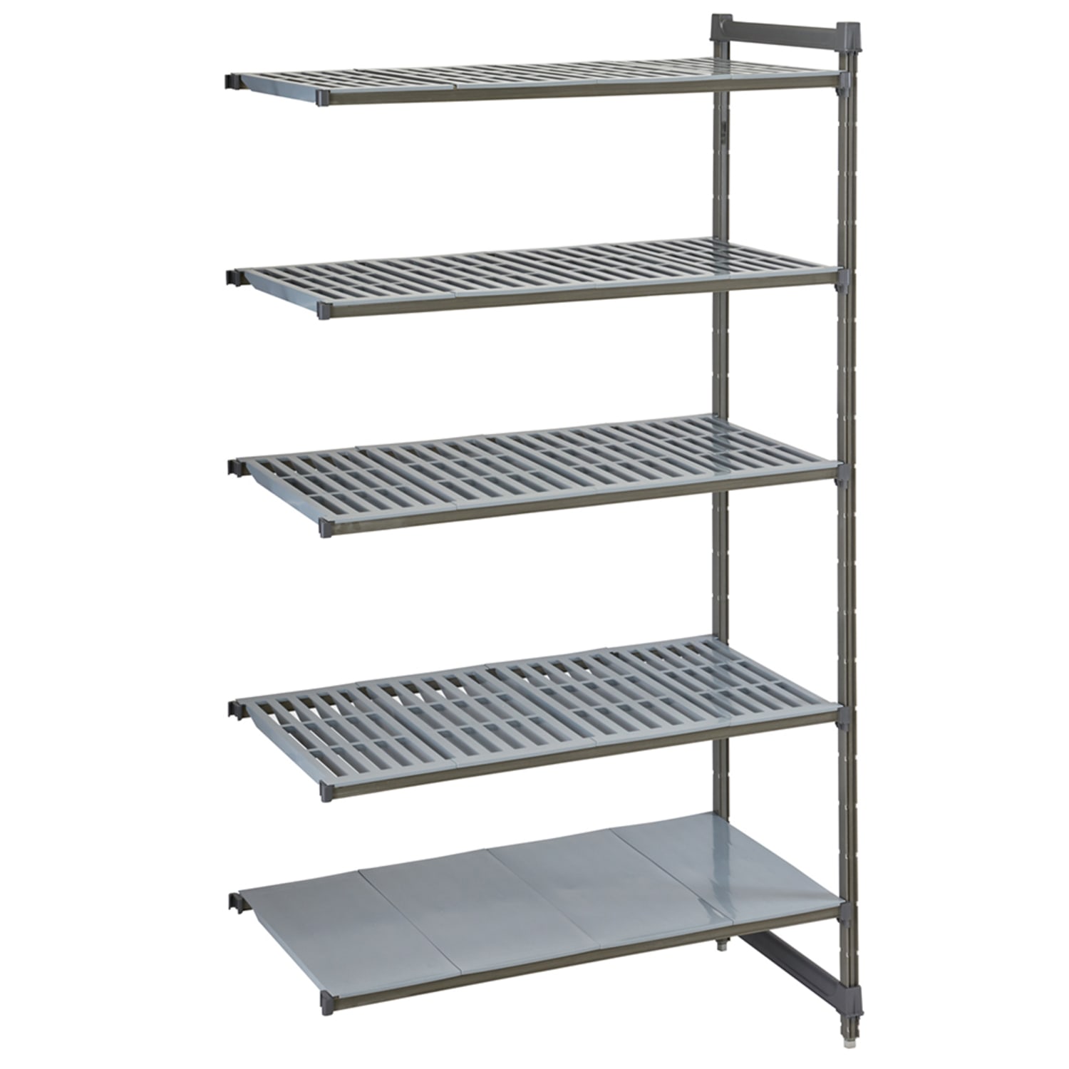 Cambro CBA183684VS5580 36 NSF 5-Tier Heavy-Duty Plastic Shelving Unit - Camshelving Basics Plus, 18W, 84H, 1 Solid, 4 Vented Shelves, 36"" x 18"" x 84"", Gray