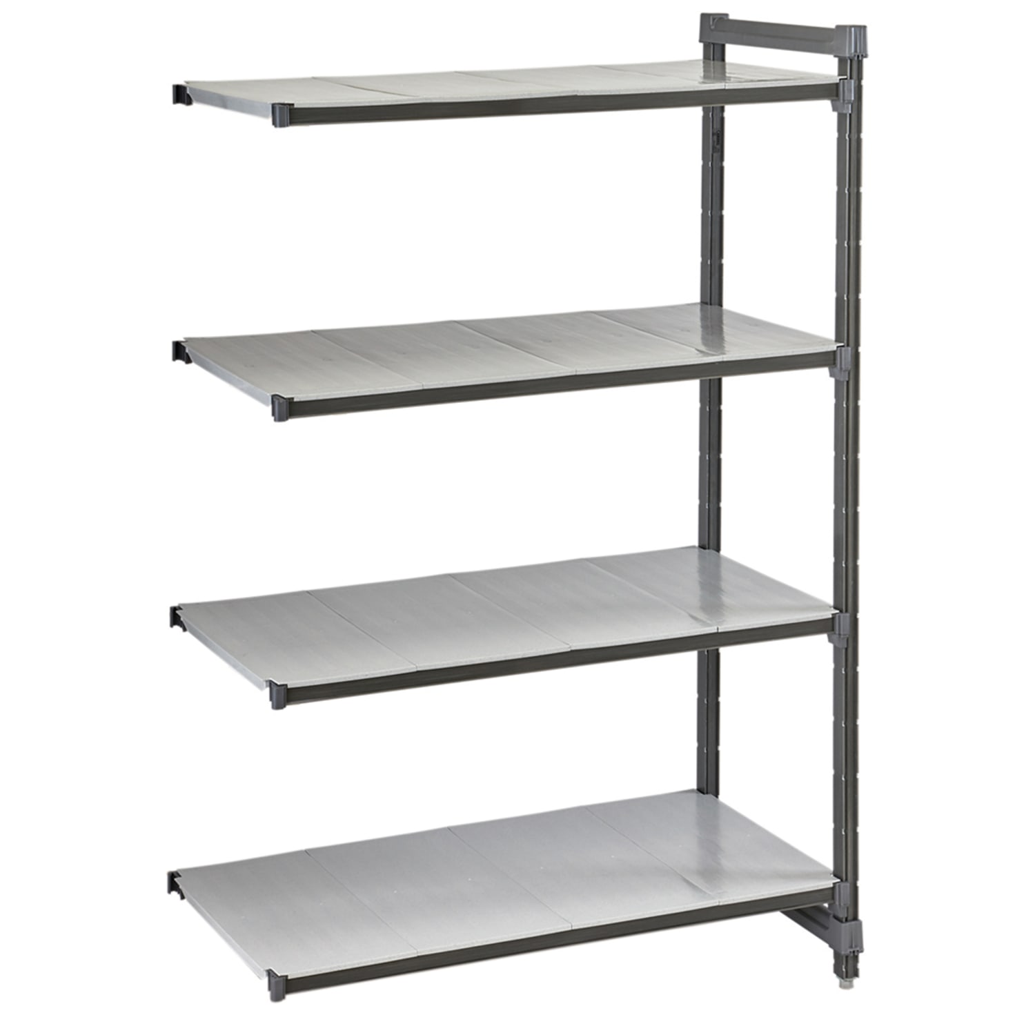 Cambro CBA184864S4580 48 NSF 4-Tier Heavy-Duty Plastic Shelving Unit - Camshelving Basics Plus, 18W, 64H, 4 Solid Shelves, 42"" x 18"" x 64"", Gray