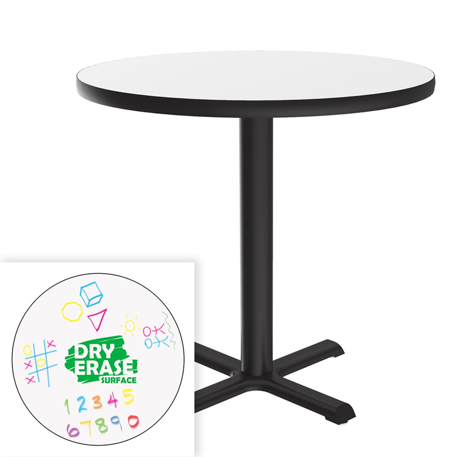 Correll BXT30DER-80-09-09 30 Round Cafe/Breakroom Table w/ Dry Erase Markerboard Top, 29H, Black
