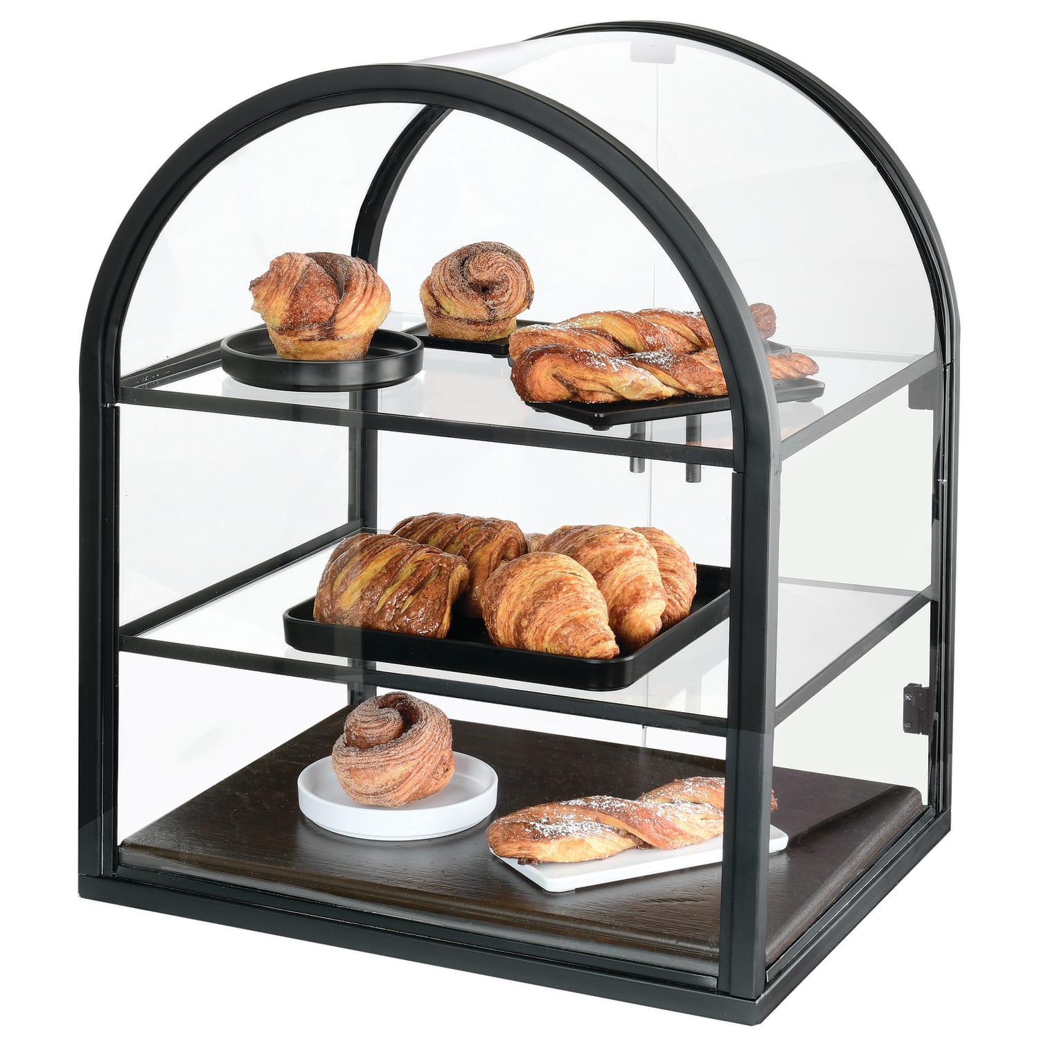 Cal-Mil 22410-112 3 Tier Pastry Display Case w/ Rear Doors - 21W x 18 1/2D x 25 3/4H, Oak, Vintage Dark, Black