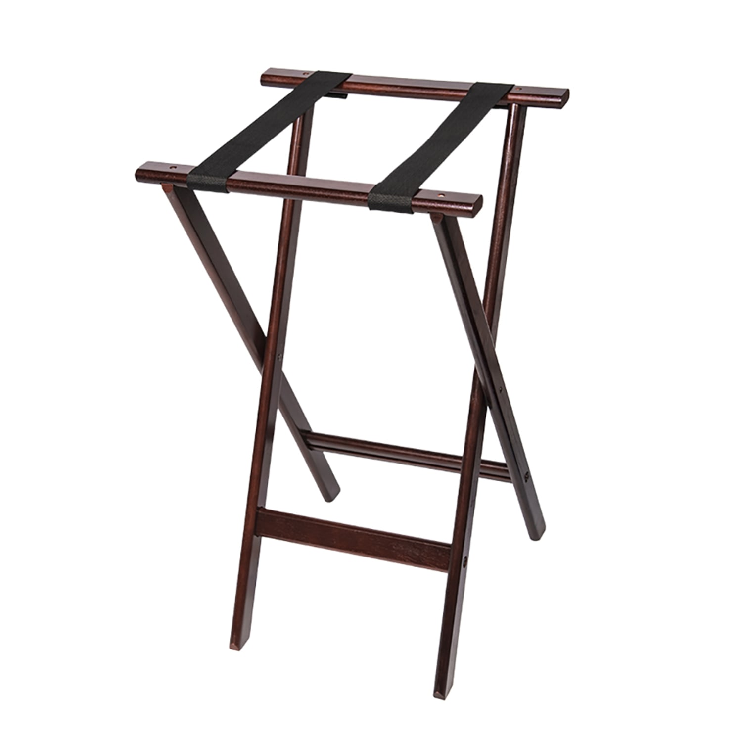 CSL 1170MAH 30H Folding Tray Stand w/ Black Straps - 18 1/2 x 17 Top, Wood Frame w/ Mahogany Finish, Case of 4