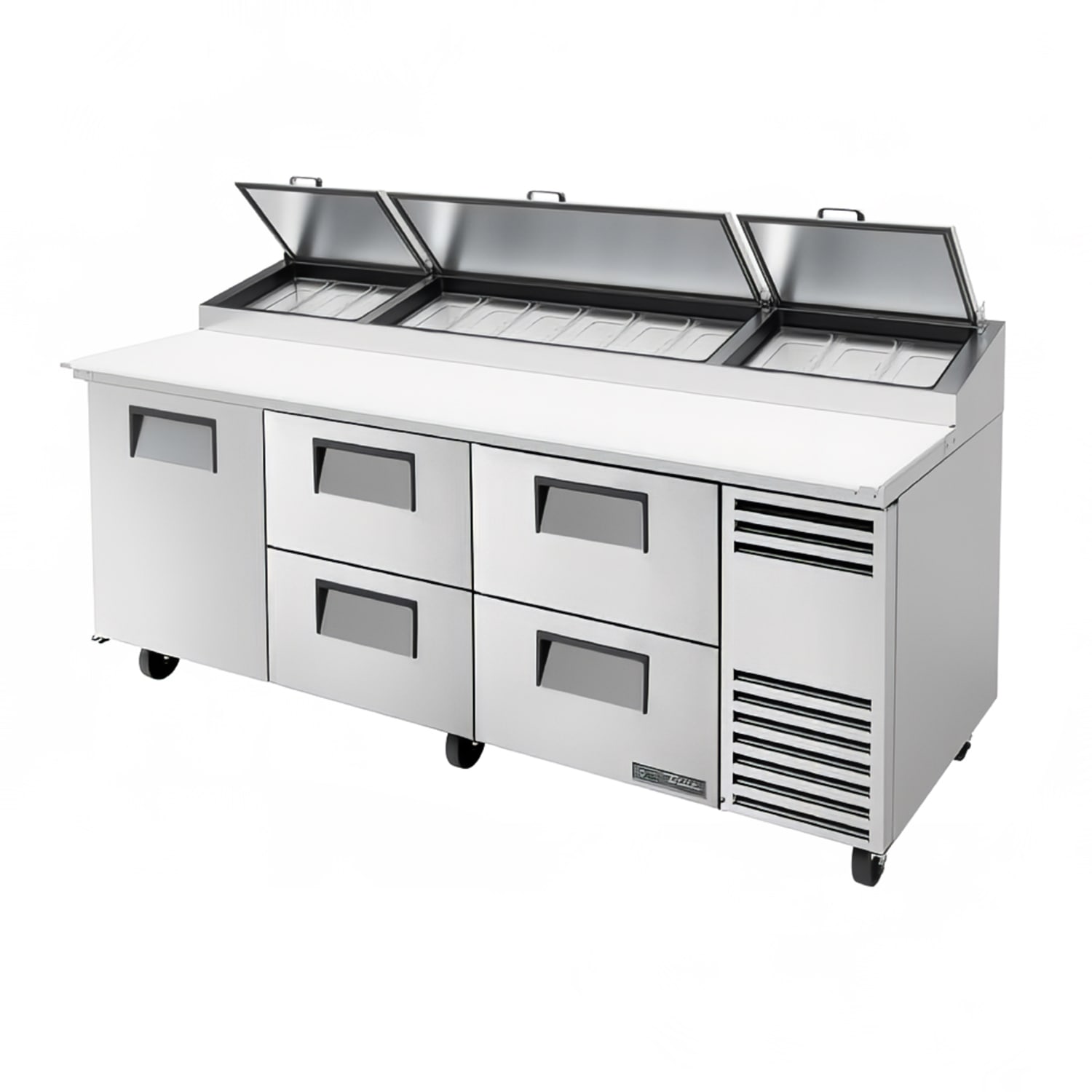 True TPP-AT2-93D-4-HC 93 1/2 TPPAT Series Pizza Prep Table w/ Refrigerated Base, 115v, Four Drawers, One Door, Stainless Steel | True Refrigeration