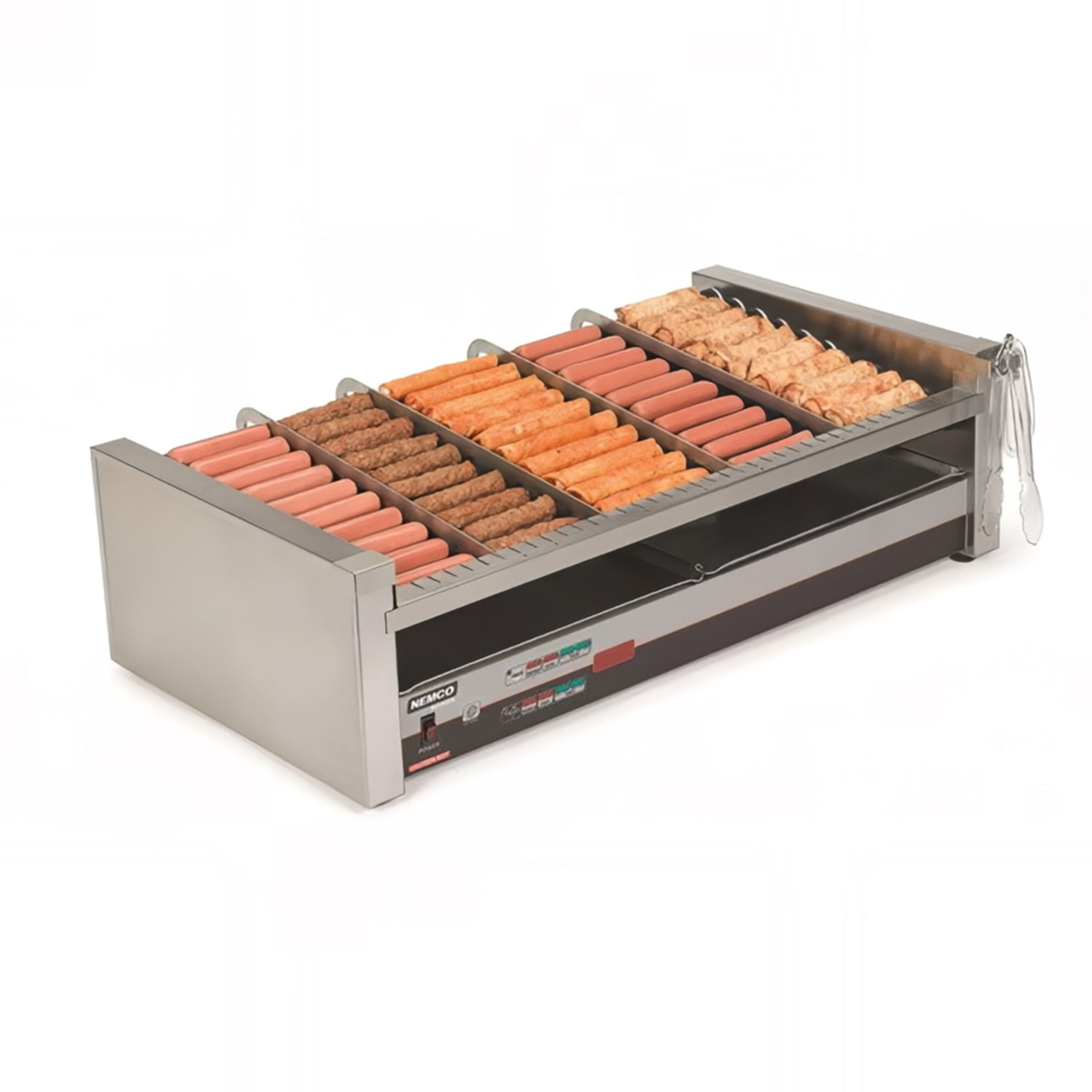 Nemco 8250-SLT 50 Hot Dog Roller Grill w/ Manual Controls - Slanted Top, 120v, Chrome Rollers, Stainless Steel