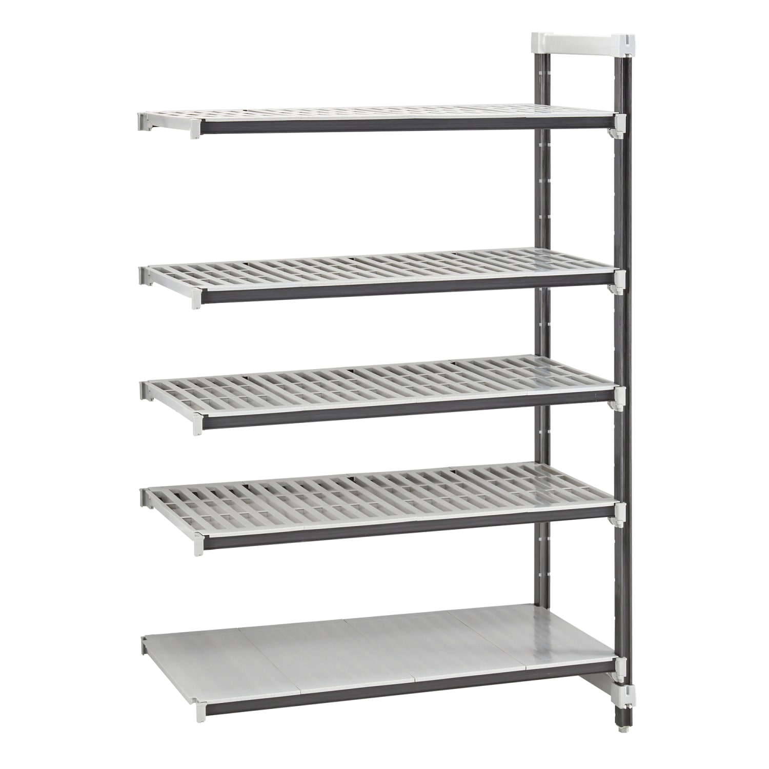 Cambro EXA214884VS5480 48 NSF 5-Tier Heavy-Duty Plastic Shelving Unit - Camshelving Elements XTRA, 21W, 84H, 48"" L x 21"" W, Add-on Unit, Gray