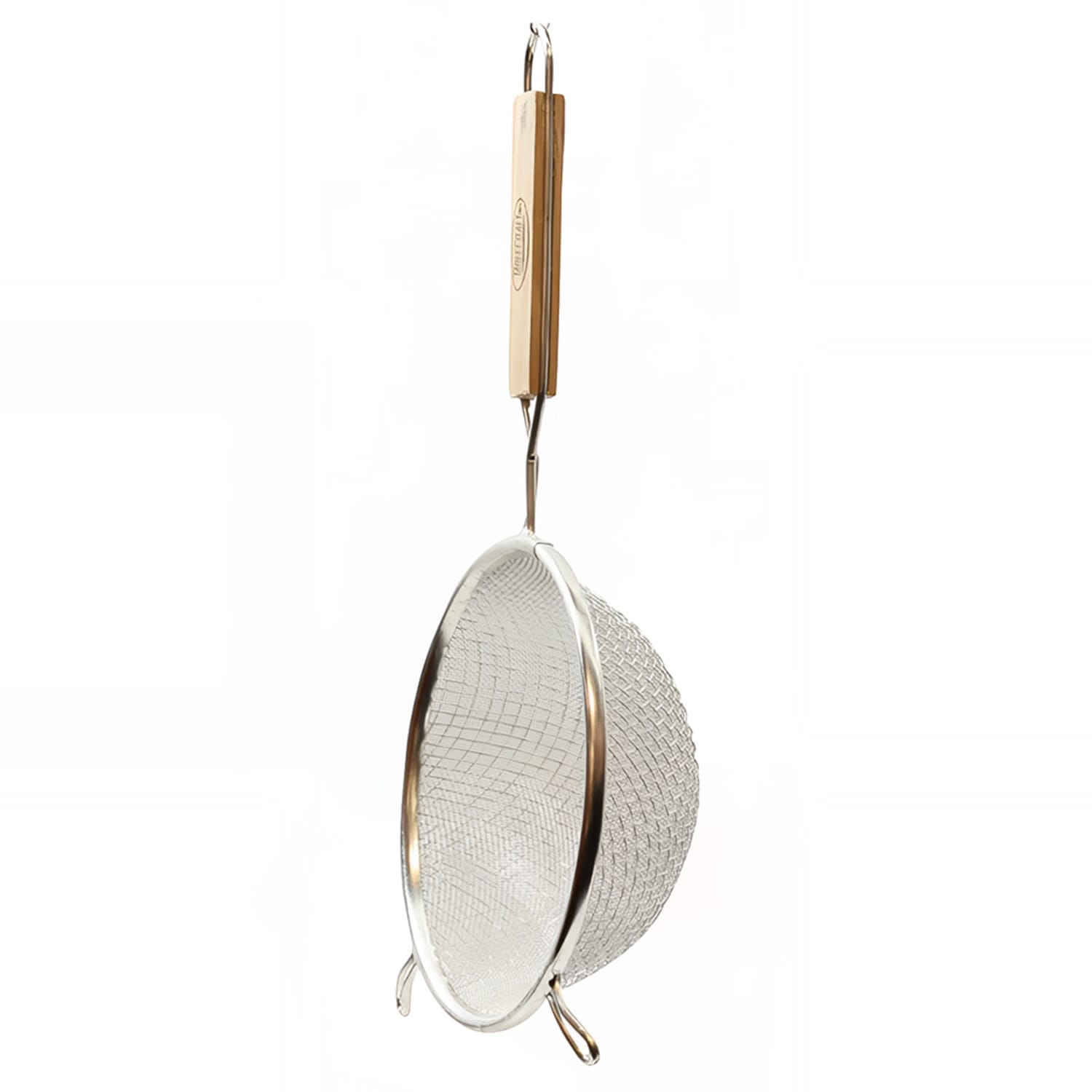 Tablecraft 0082 6 1/4 Round Strainer w/ Double Fine Mesh & Flat Wooden Handle, Silver
