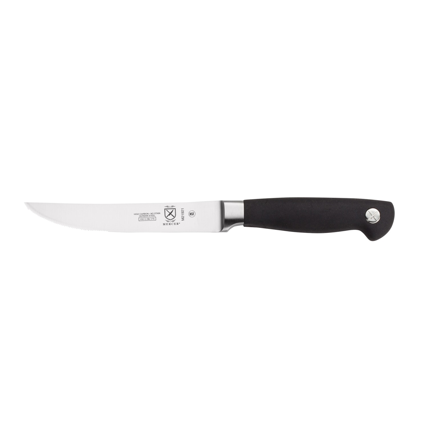 Mercer Culinary M21921 5 Serrated Steak Knife w/ Black Non-Slip Santoprene Handle, High-Carbon German Steel