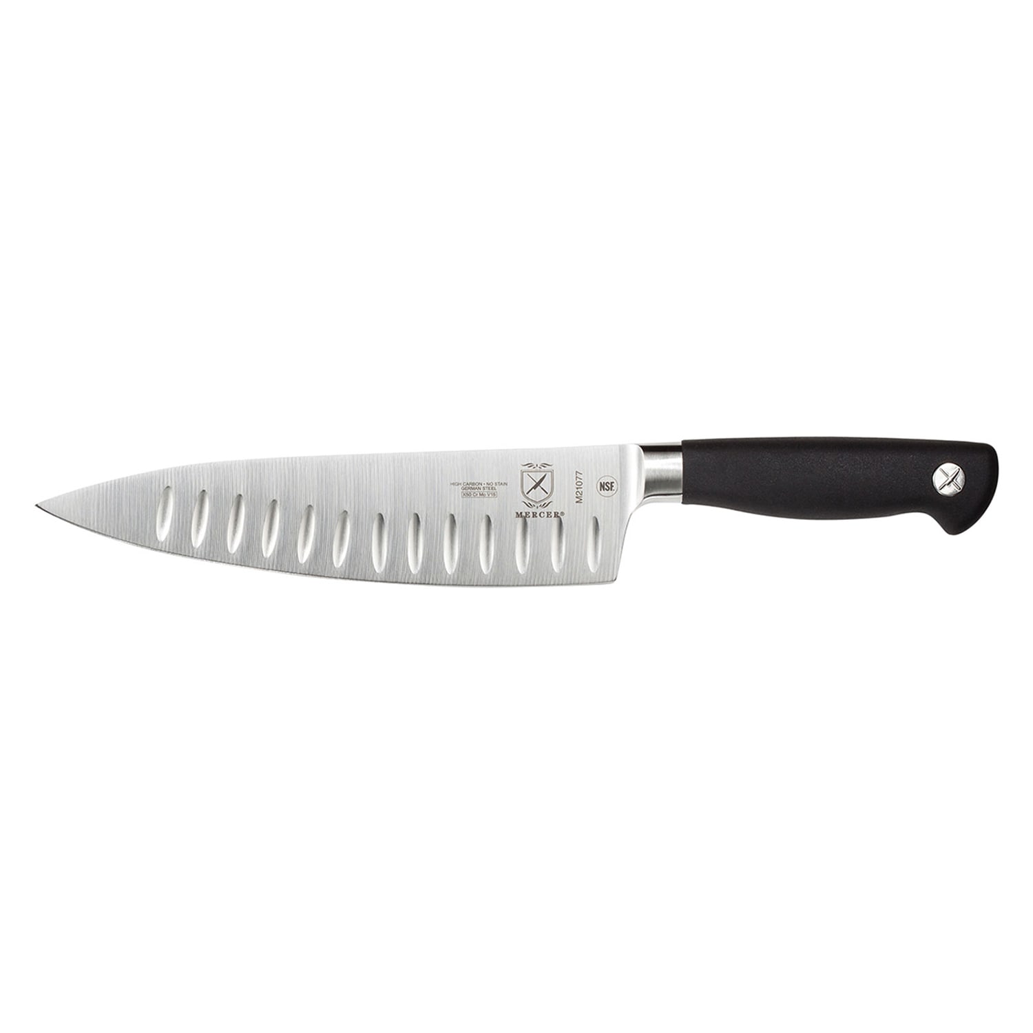 Mercer Culinary M21077 8 Granton Chef's Knife w/ Black Non-Slip Santoprene Handle, High-Carbon German Steel