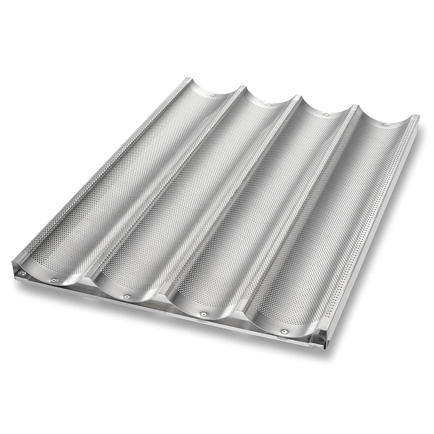Chicago Metallic 49034 4 Mold Baguette/French Bread Pan, Uni Lock, Makes 3 7/8 x 25 3/4 Loaves, Glazed 16 ga Aluminum, Silver