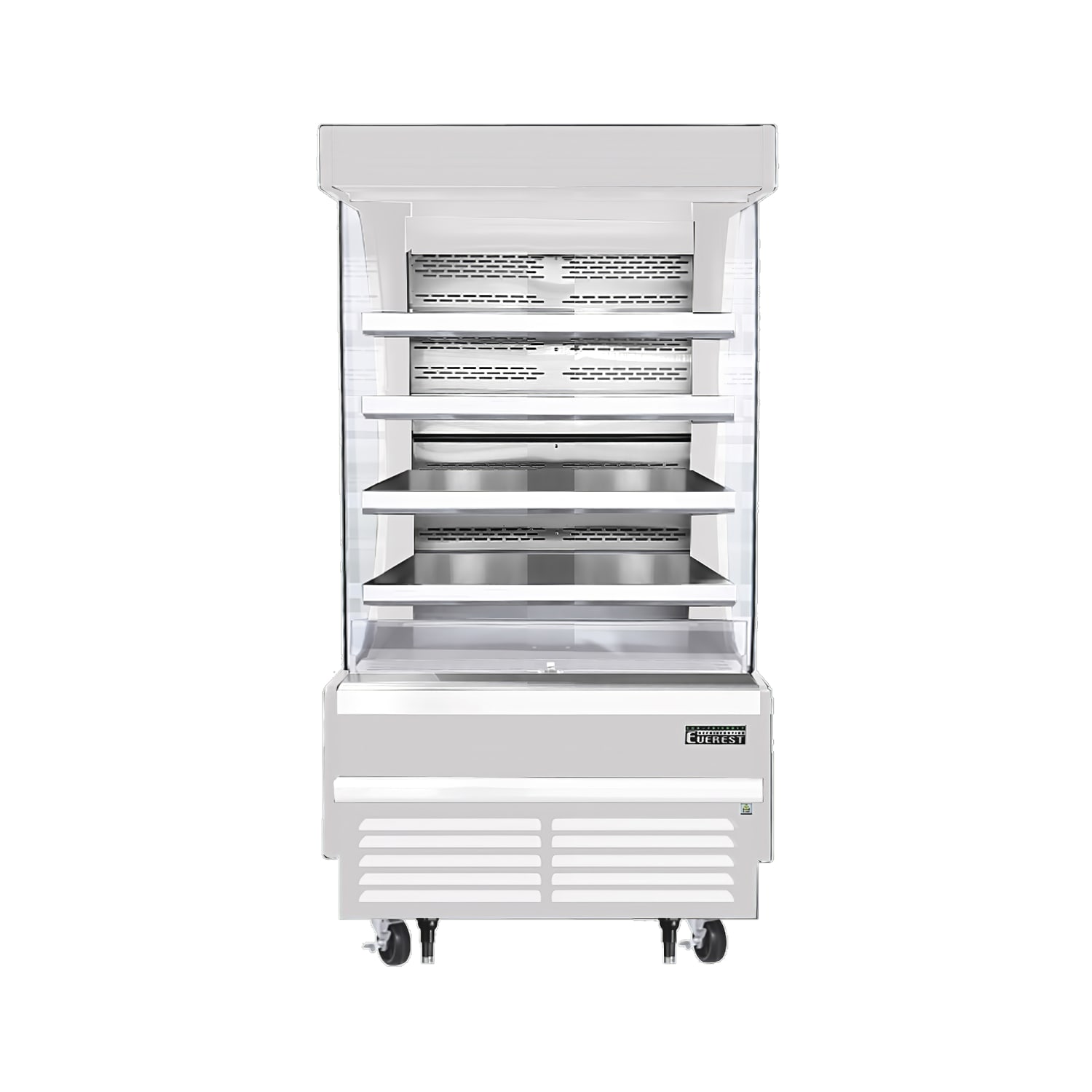 Everest Refrigeration EOMV-36-W-35-T 37 1/4 Vertical Open Air Cooler w/ 5 Levels, White, 115v, 4 Steel Wire Shelves, Stainless Steel