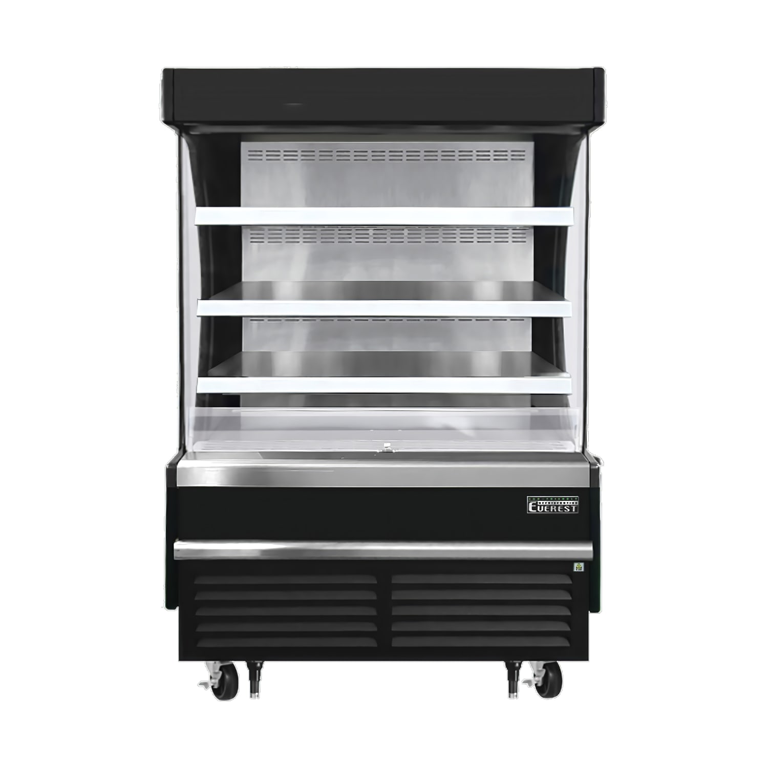 Everest Refrigeration EOMV-48-B-28-S 48 Vertical Open Air Cooler w/ 4 Levels, Black, 115v, 3 Steel Wire Shelves, Stainless Steel