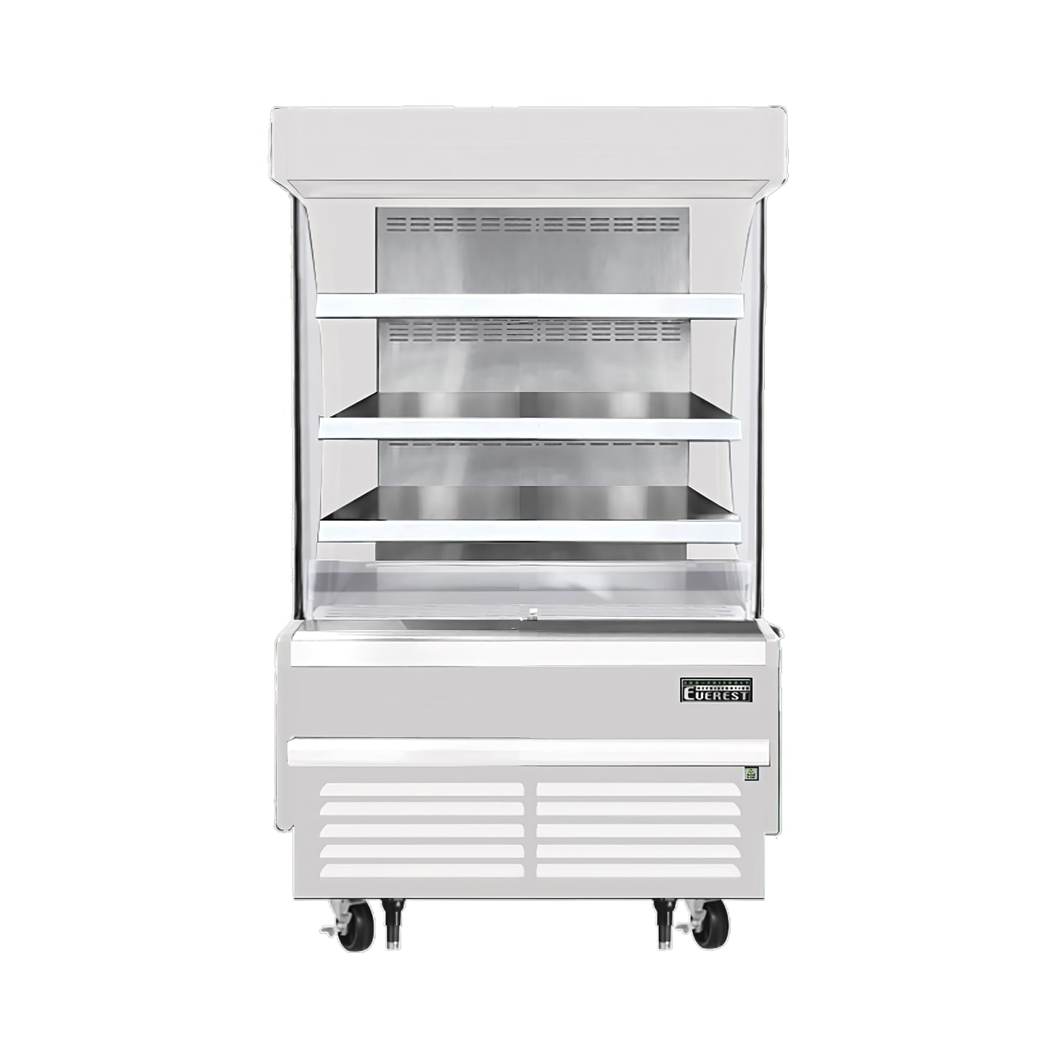 Everest Refrigeration EOMV-36-W-28-S 37 1/4 Vertical Open Air Cooler w/ 4 Levels, White, 115v, 3 Steel Wire Shelves, Stainless Steel