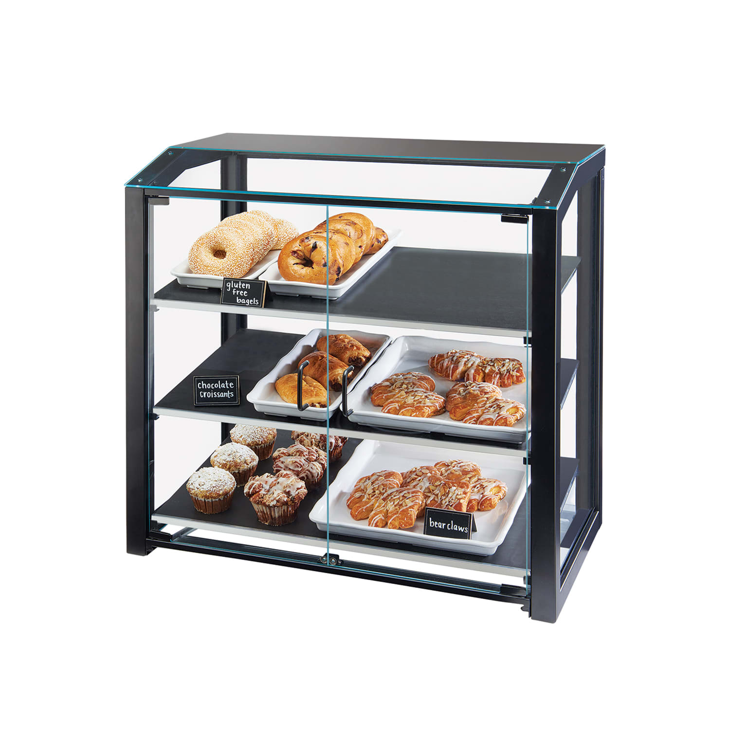 Cal-Mil 3493-13S 3 Tier Pastry Display Case w/ Hinged Doors - Black Metal Frame, Acrylic, Small, Self-Service