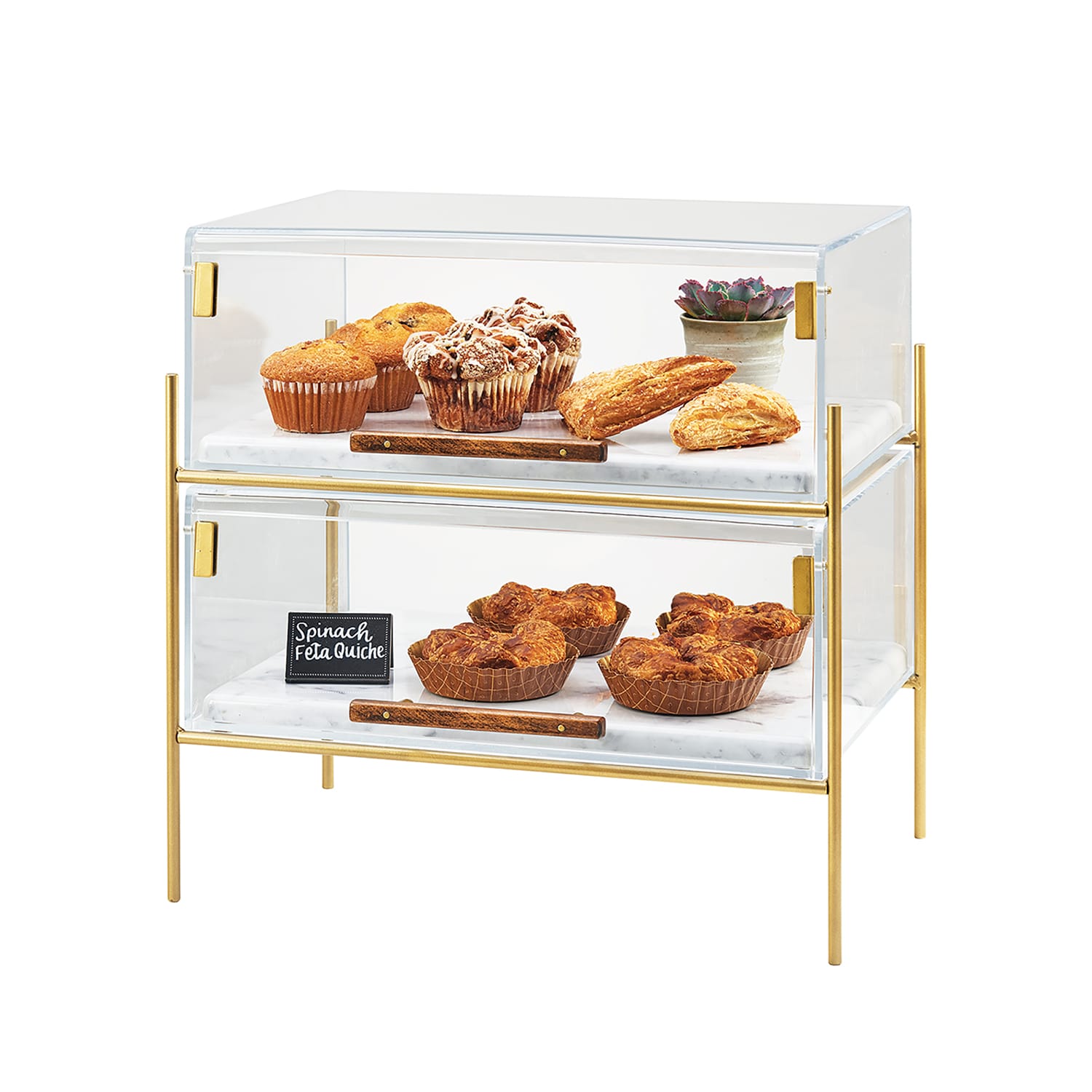 Cal-Mil 3706-1813-46 2 Tier Pastry Display w/ Hinged Doors - Brass Frame, Acrylic