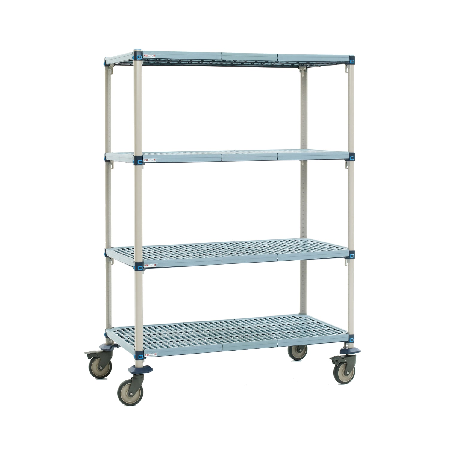Metro Q556EG3 48 NSF 4-Tier Heavy-Duty Plastic Shelving Unit - MetroMax Q, Mobile, 24W, 67H, Polyurethane Casters, 4 Tiers, Blue