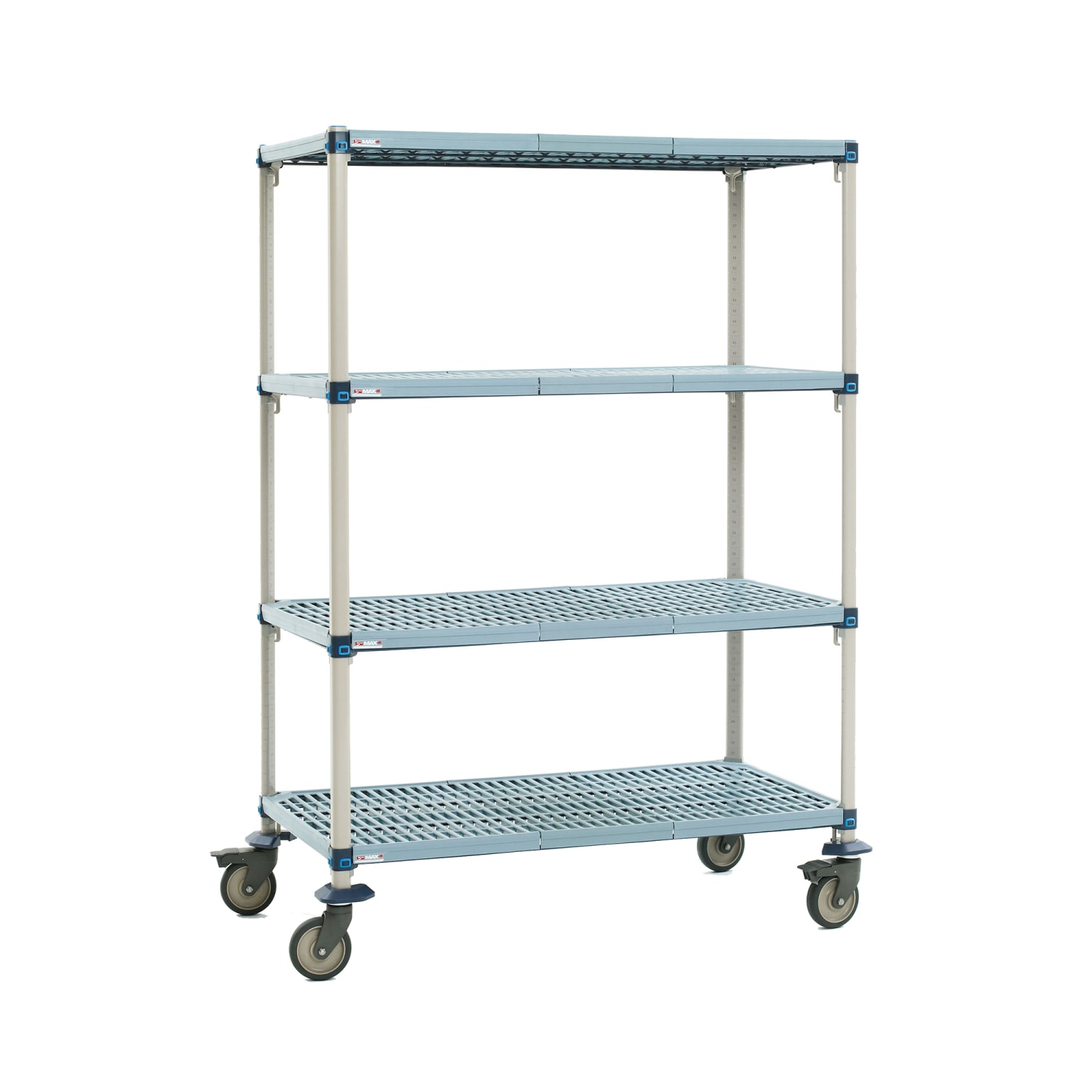 Metro Q336EG3 36 NSF 4-Tier Heavy-Duty Plastic Shelving Unit - MetroMax Q, Mobile, 18W, 67H, Polyurethane Casters, 4 Tiers, Blue