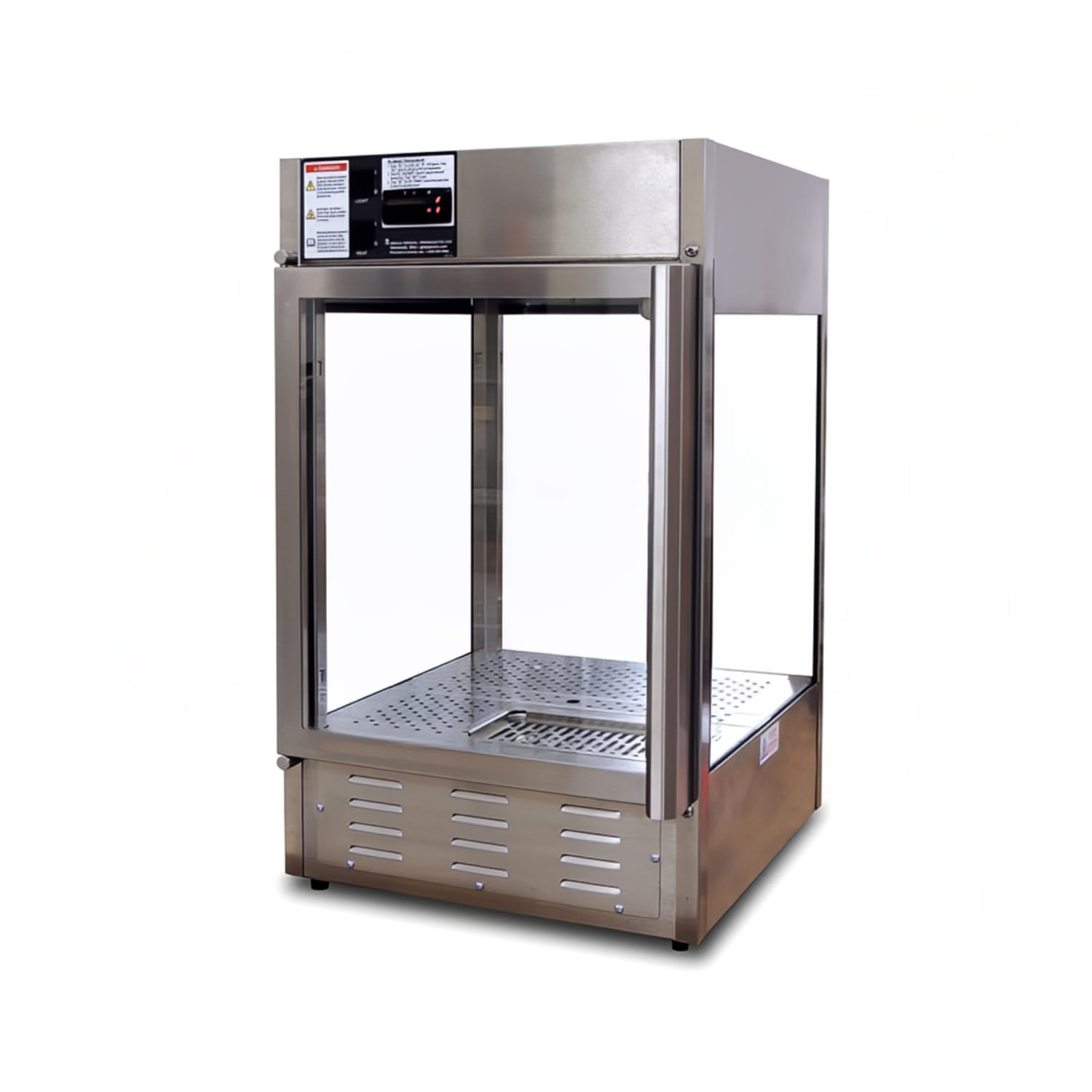 Gold Medal 5551-00 18 1/2 Heated Pizza/Pretzel Merchandiser, 120v, LED Lighted Display, Rotisserie Motor, Stainless Steel