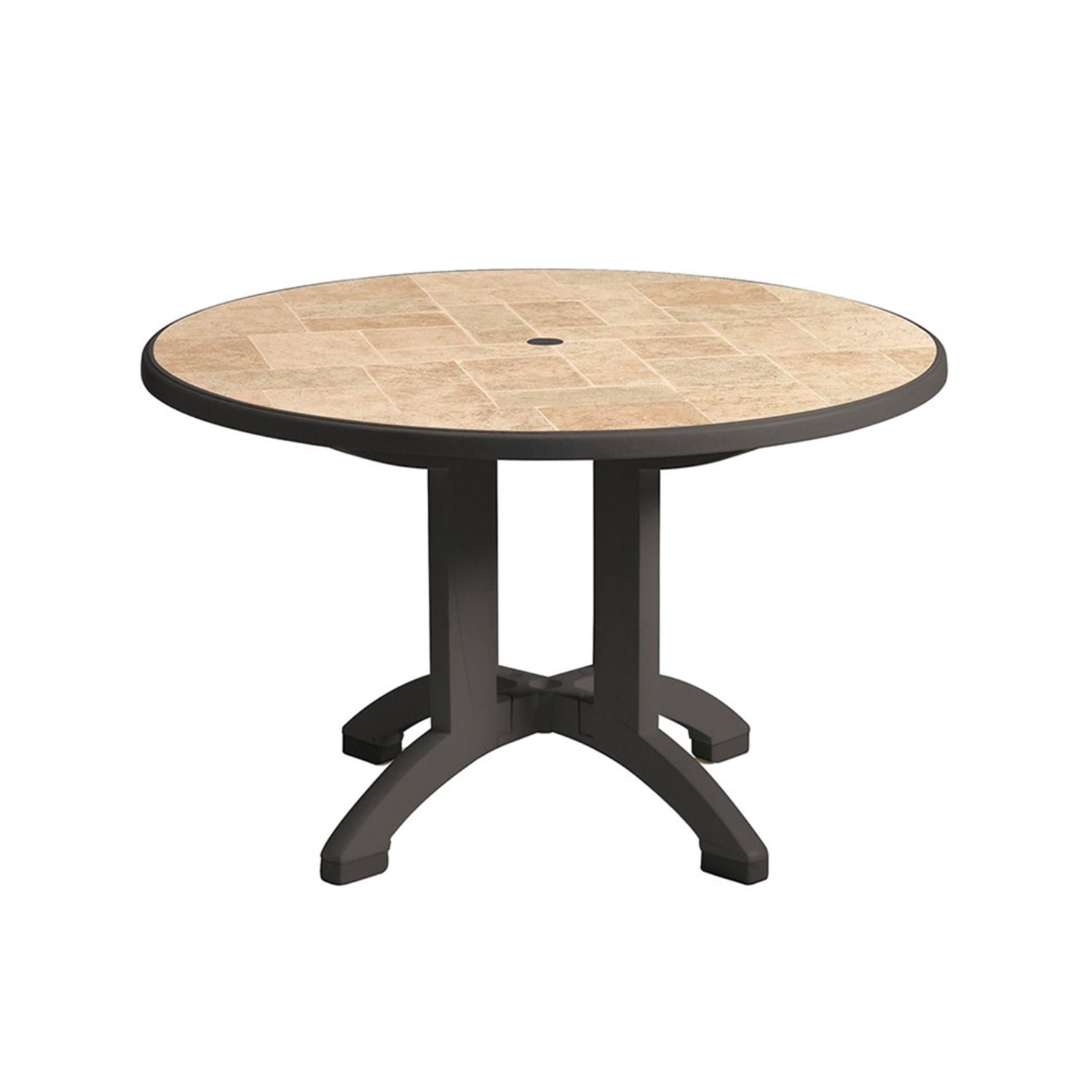 Grosfillex US701102 48 Round Aquaba Outdoor Table w/ Umbrella Hole - Resin, Charcoal/Toscana, UV Resistant Resin, Toscana/Charcoal, Black, Pack of 3