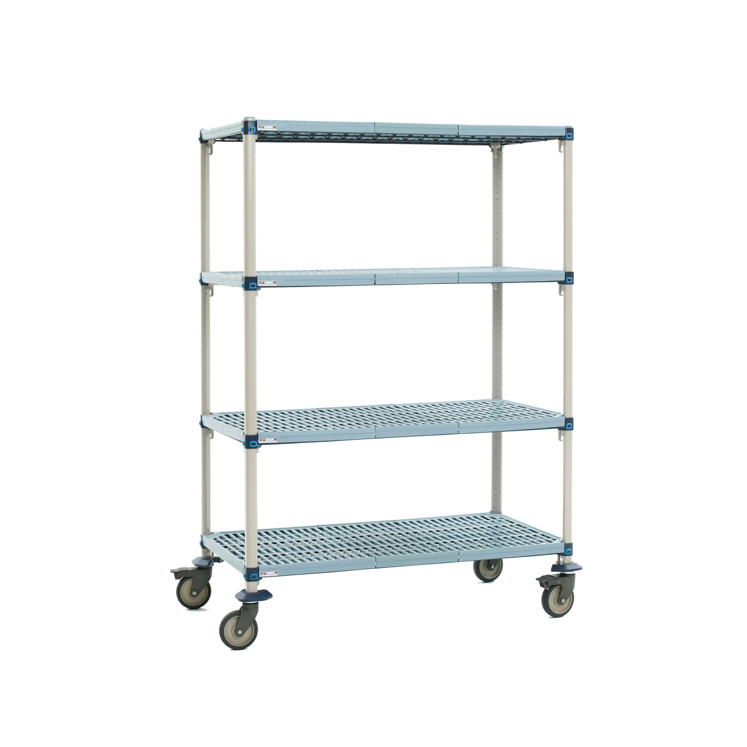 Metro Q366EG3 60 NSF 4-Tier Heavy-Duty Plastic Shelving Unit - MetroMax Q, Mobile, 18W, 67H, 4 Tiers, Polyurethane Casters, Blue