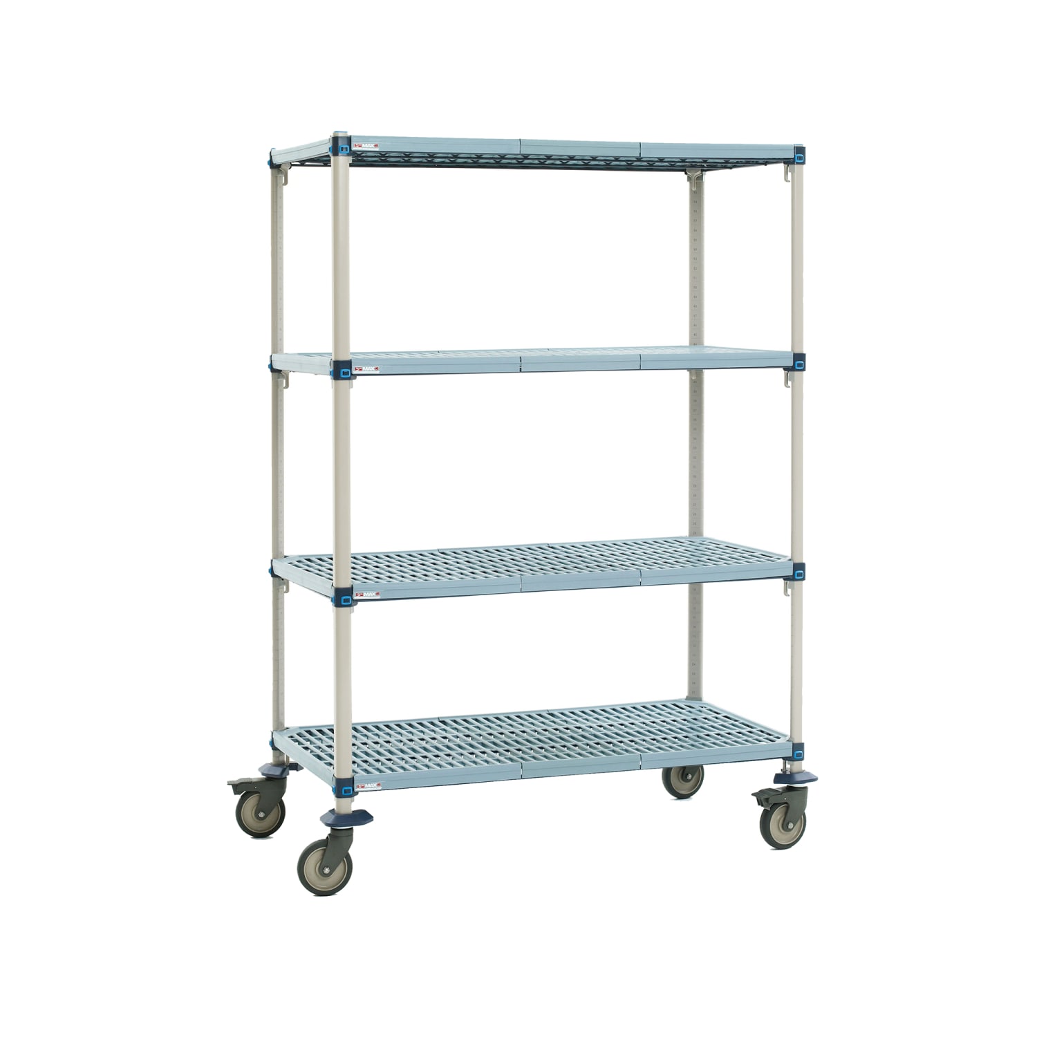 Metro Q536EG3 36 NSF 4-Tier Heavy-Duty Plastic Shelving Unit - MetroMax Q, Mobile, 24W, 67H, Polyurethane Casters, Polymer Shelves, Blue