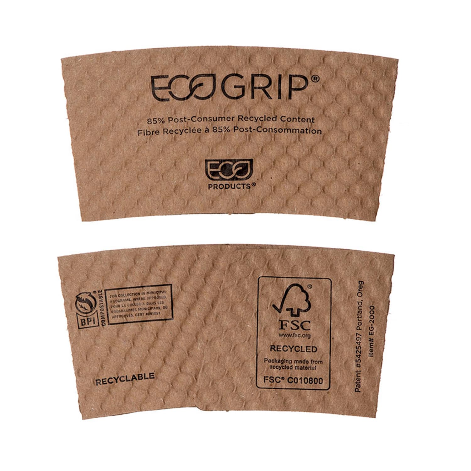 Eco Products EG-2000 EcoGrip Hot Cup Sleeves, Fits 10-20-oz. Cups, Textured, Brown, Case of 1300