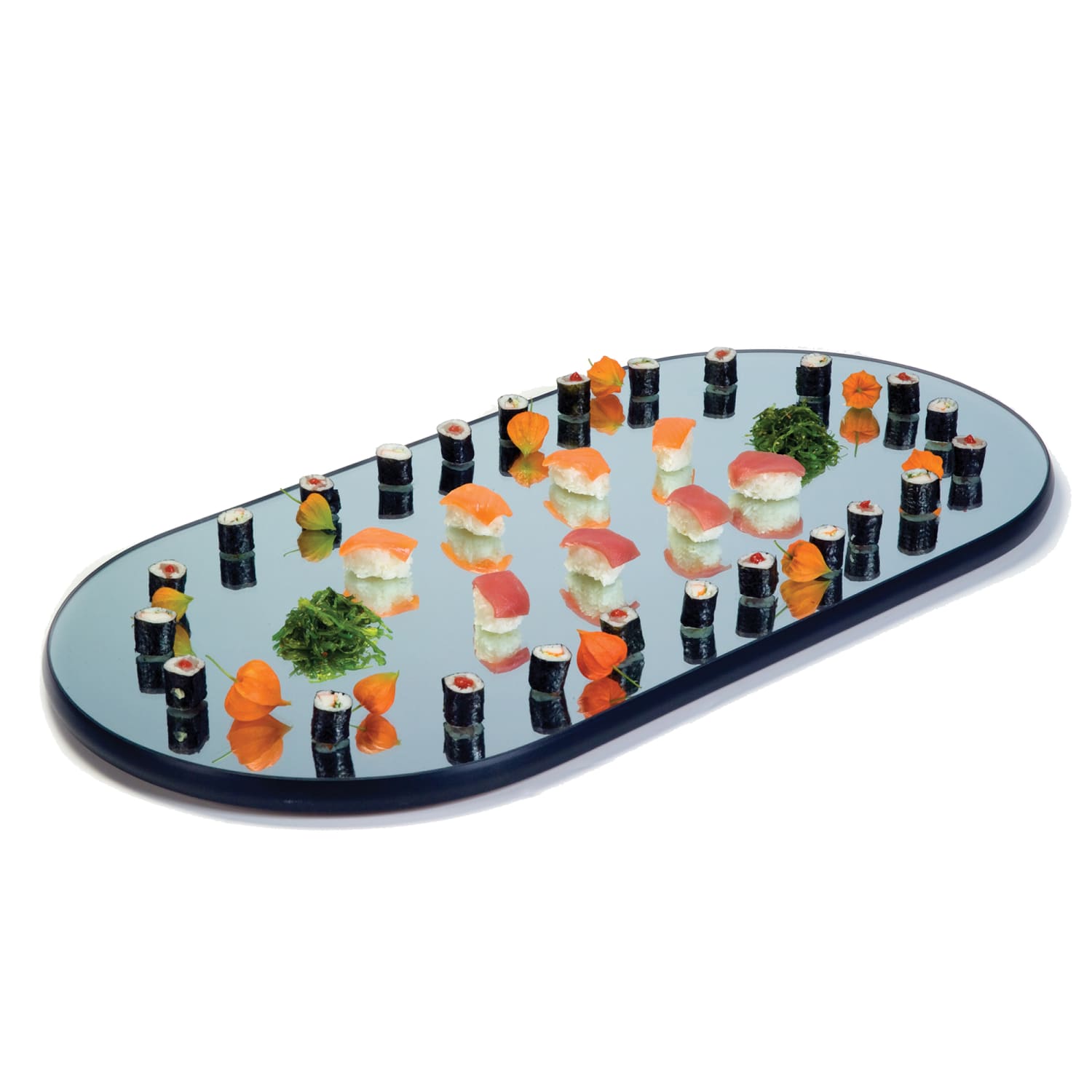 Geneva 264 Oval Rimless Mirror Tray w/ Black Vinyl Edge, 16 x 32, Silver